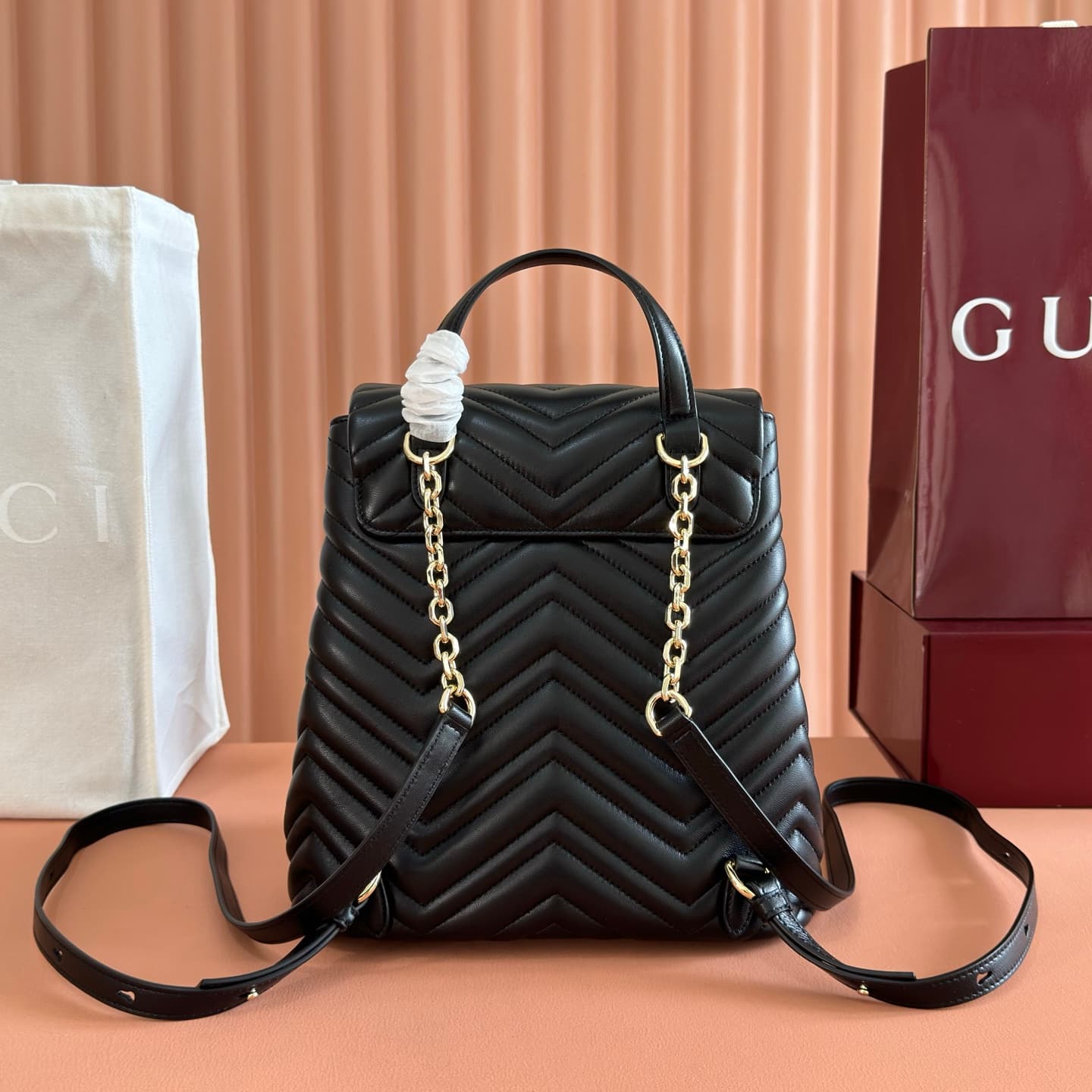 Gucci GG Marmont Small Backpack Black Matelassé Chevron Nappa Leather 861878  High