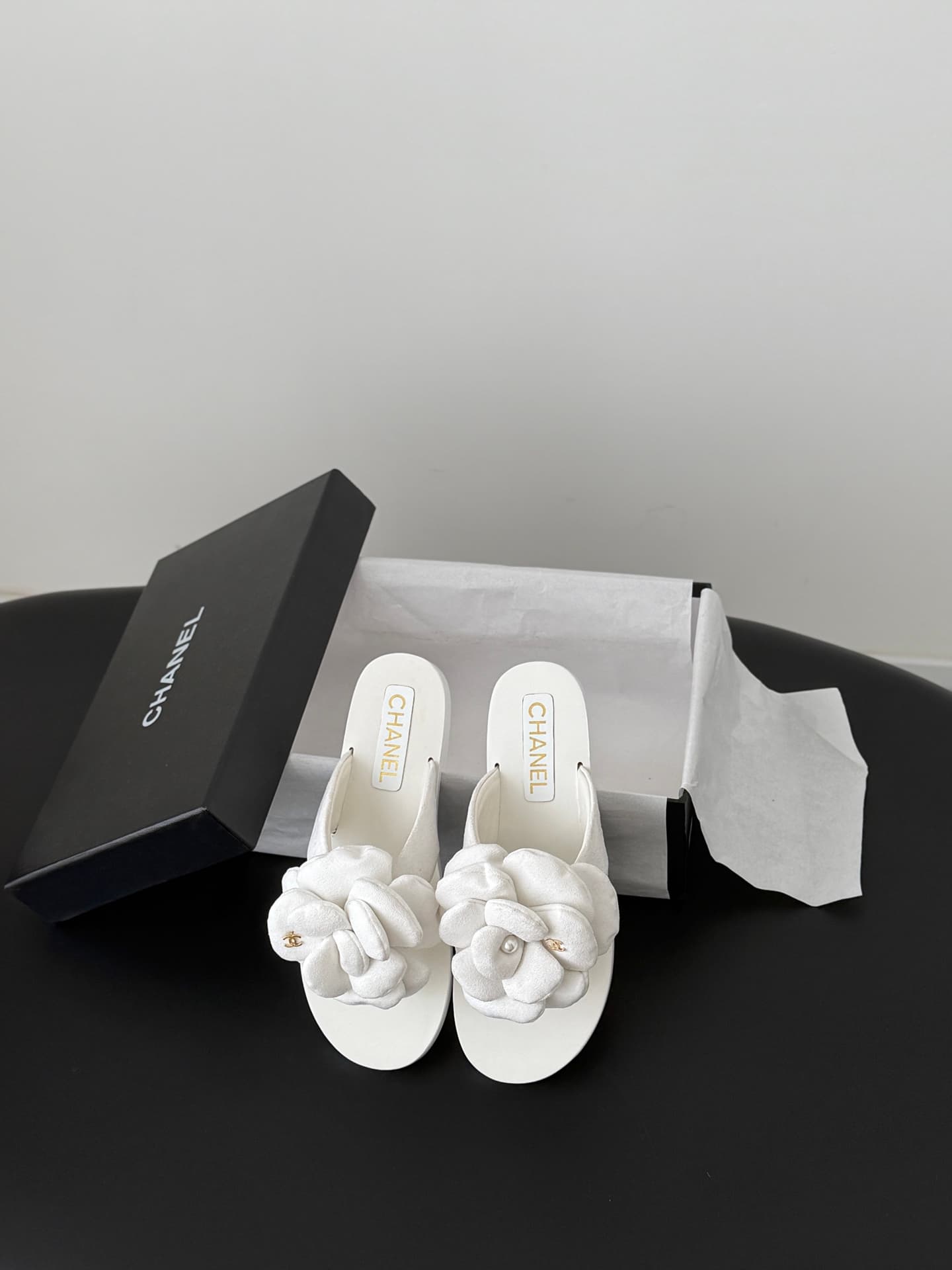 Chanel Camellia suede thong sandals