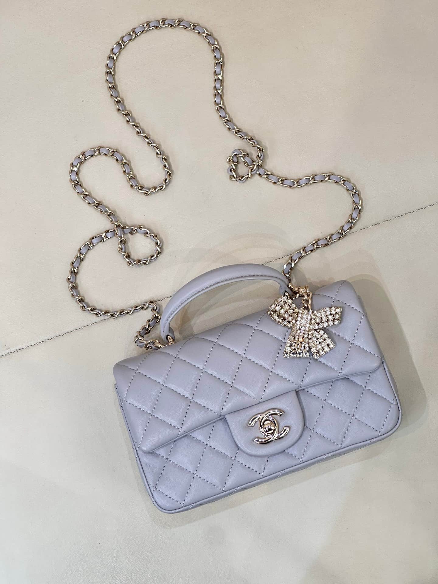 Chanel Mini Classic Handbag Lambskin Strass & Gold-Tone Metal AS2431 grey TOP