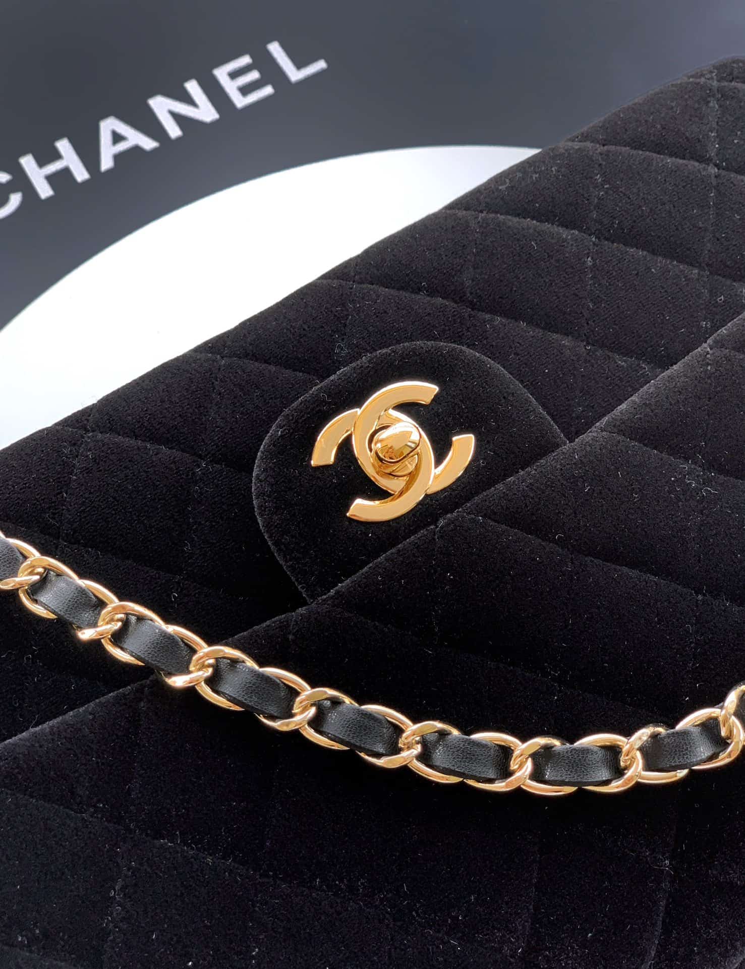 Chanel Medium CLASSIC HANDBAG Velvet  & Gold-Tone Metal Black A