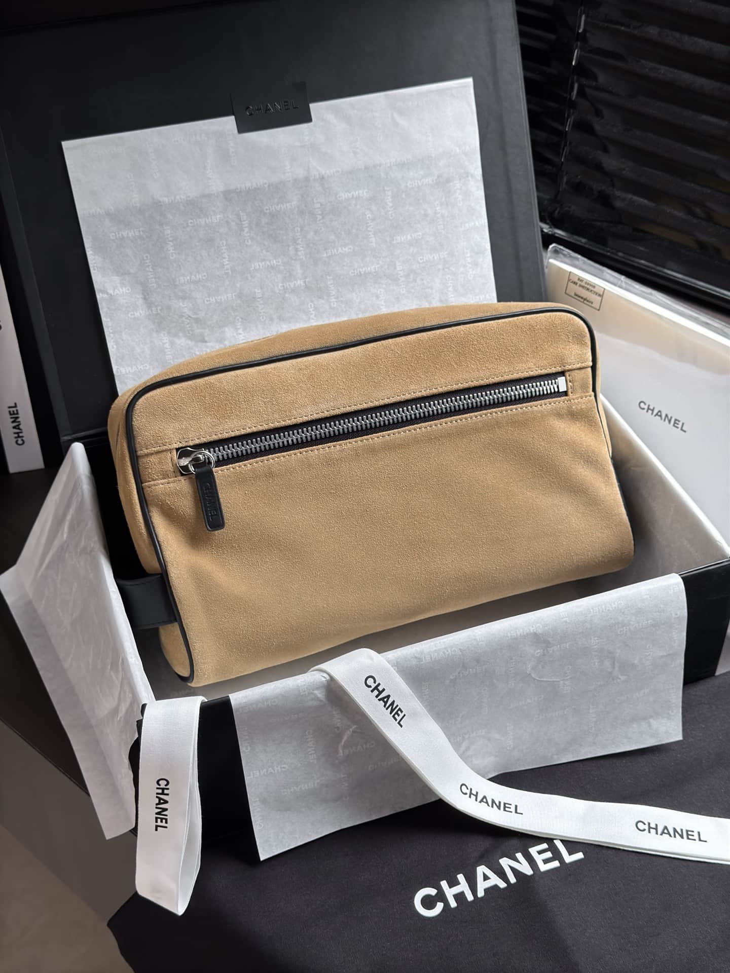 Chanel Large Zipped Pouch Suede Calfskin & Silver-Tone Metal AP5267 Beige A