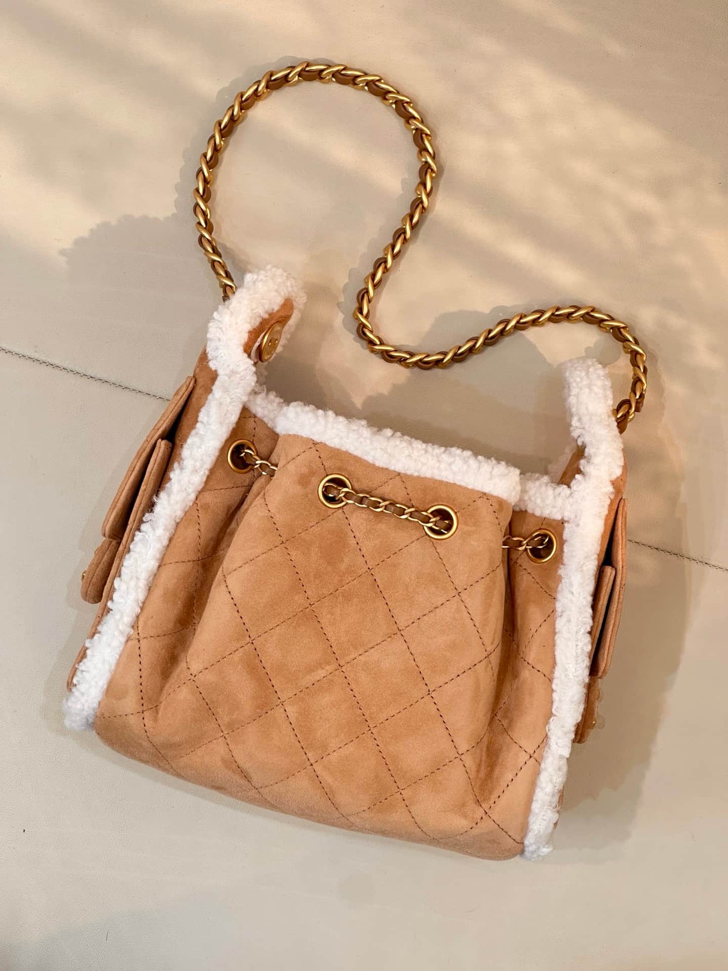 CHANEL 25 Mini Handbag AS5631 Suede &Shearling &Gold-tone Metal Beige TOP