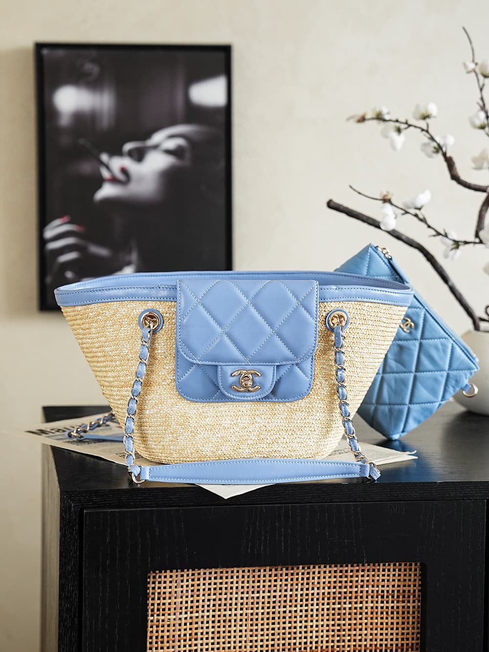 Chanel Coco Beach Small Shopping Bag Braided Straw Lambskin & Gold-Tone Metal Beige & Blue AS5951 A