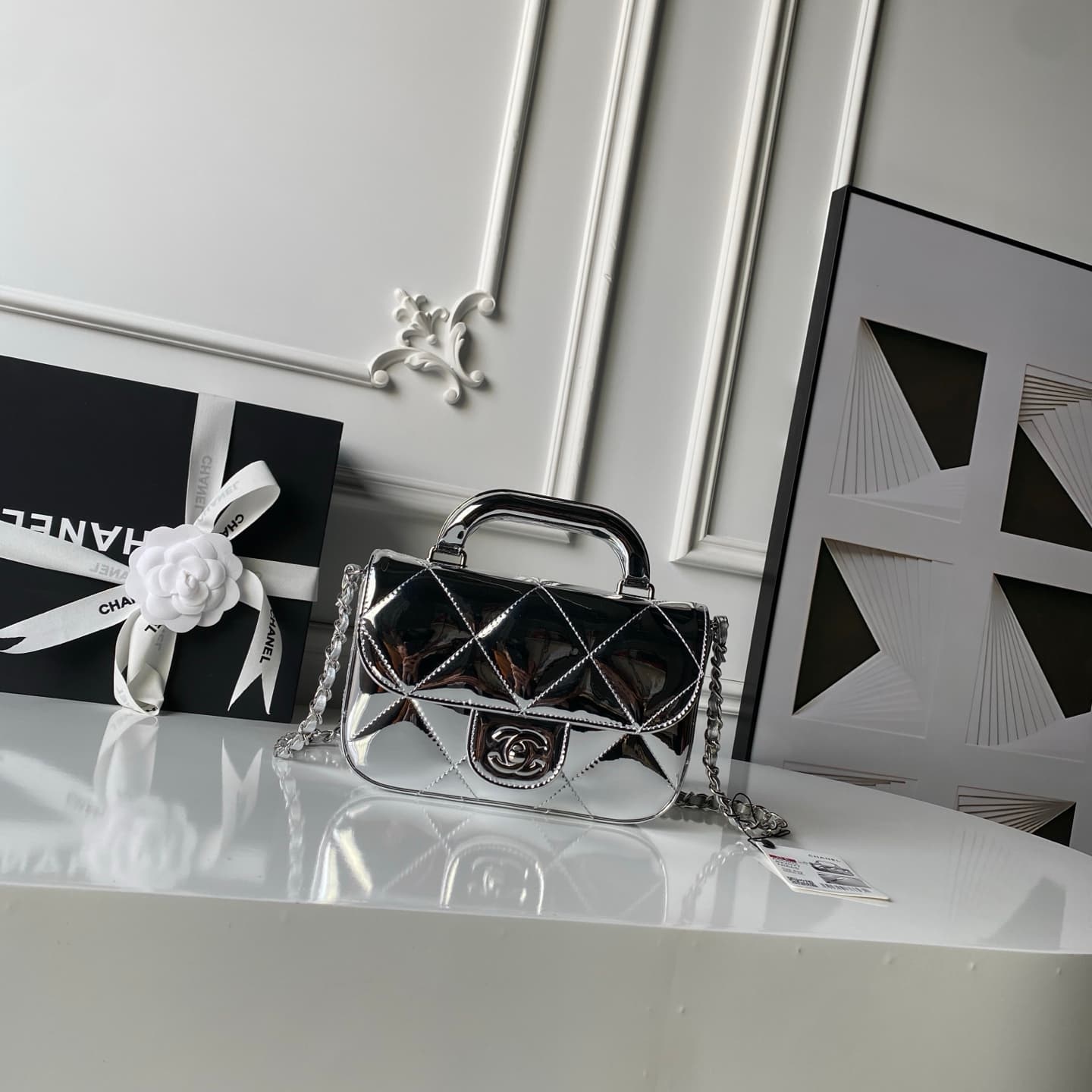 Chanel Mini Flap Bag with Top Handle Metallic Mirror Calfskin& Silver-tone Metal Silver AS5805 A