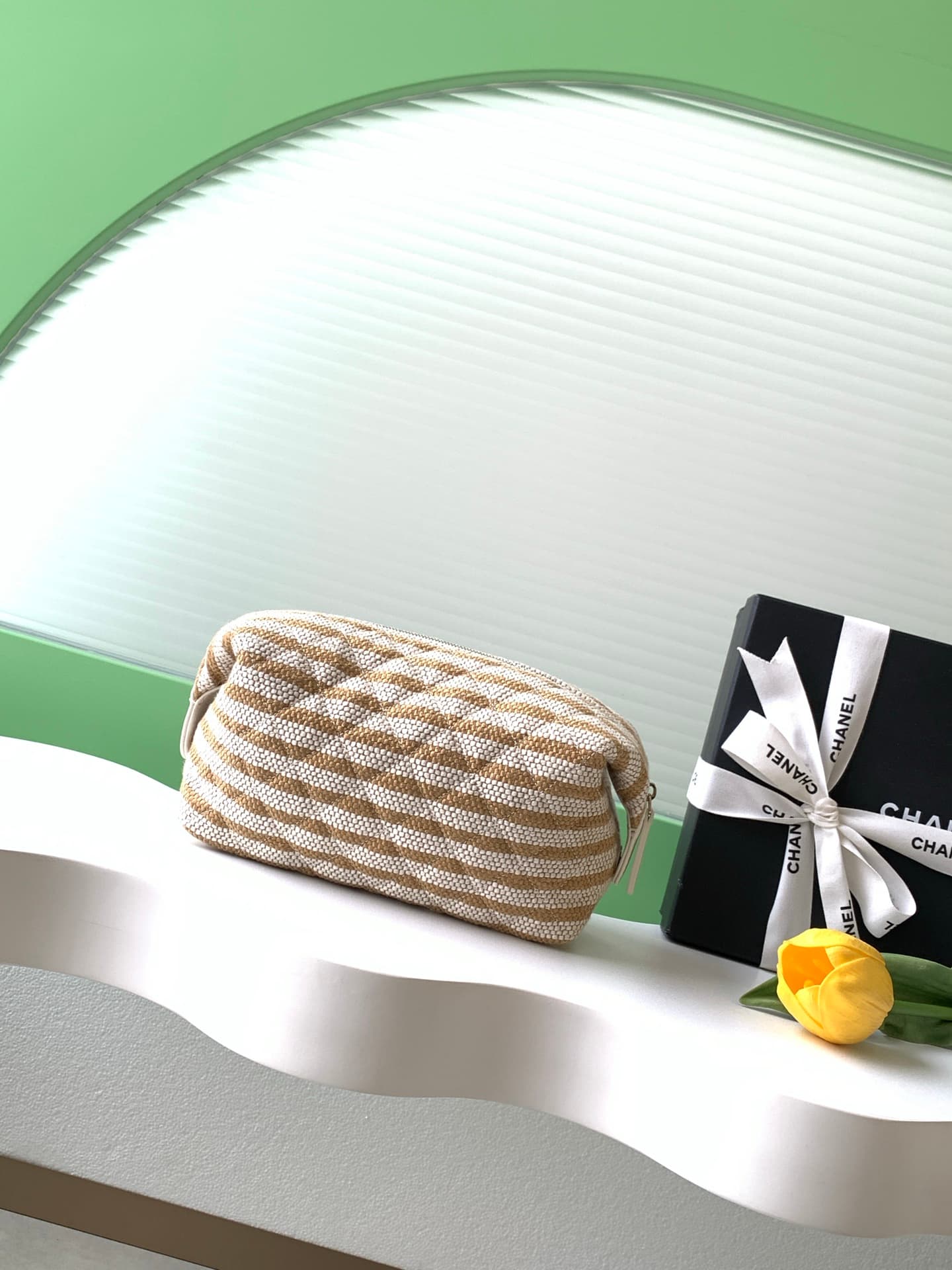 CHANEL Stripe Cosmetic Pouch Bag Printed fabric & Gold-Tone Metal Beige & Light Beige AP4990 A
