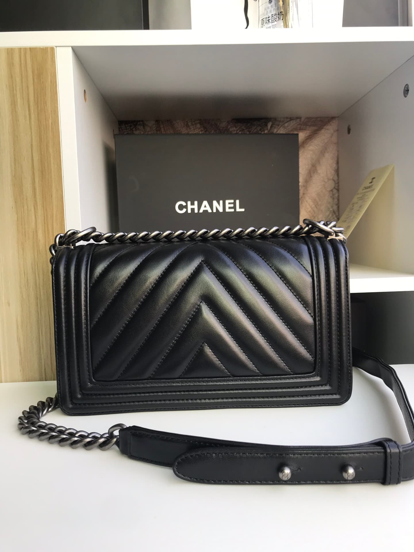 BOY Chanel HANDBAG Chevrons Pattern Lambskin Silver Metal Black High