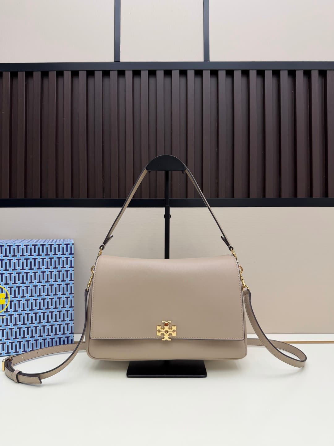 Tory Burch Charlie Shoulder Bag Beige Leather