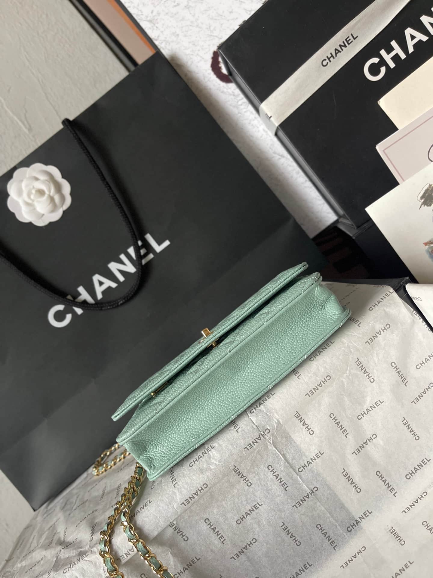 Chanel Classic Wallet on Chain Grained Shiny Calfskin & Gold-Tone Metal AP4241 Light Green A