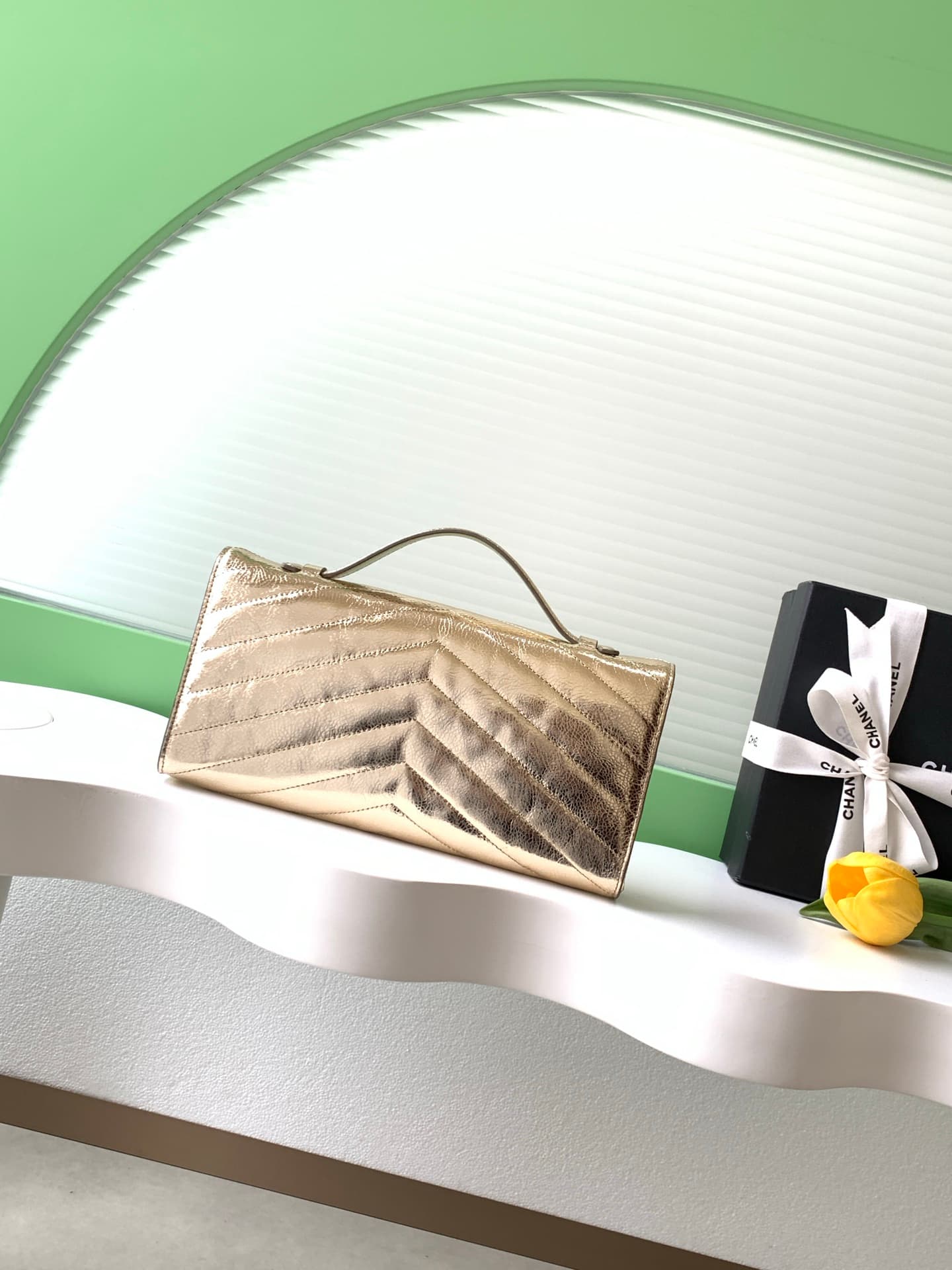Chanel Flap Bag with Top Handle Metallic Chevron Calfskin Leather Finish& Gold-Tone Metal Champagne Gold AS6044 A