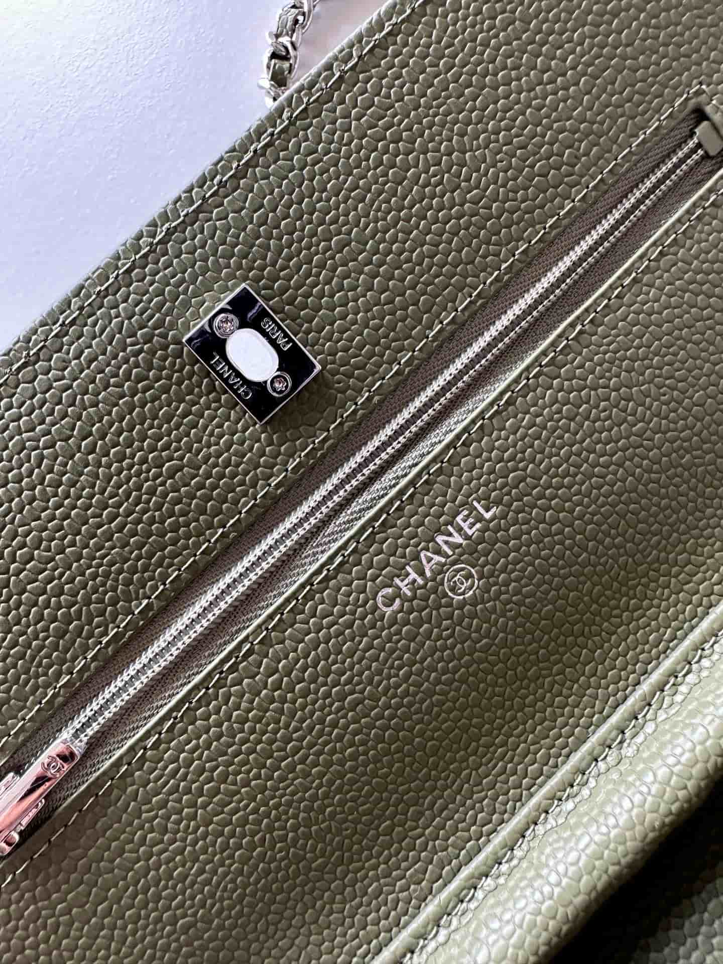 Chanel Classic Wallet on Chain Grained Shiny Calfskin & Silver-Tone Metal AP4241 Dark Green High