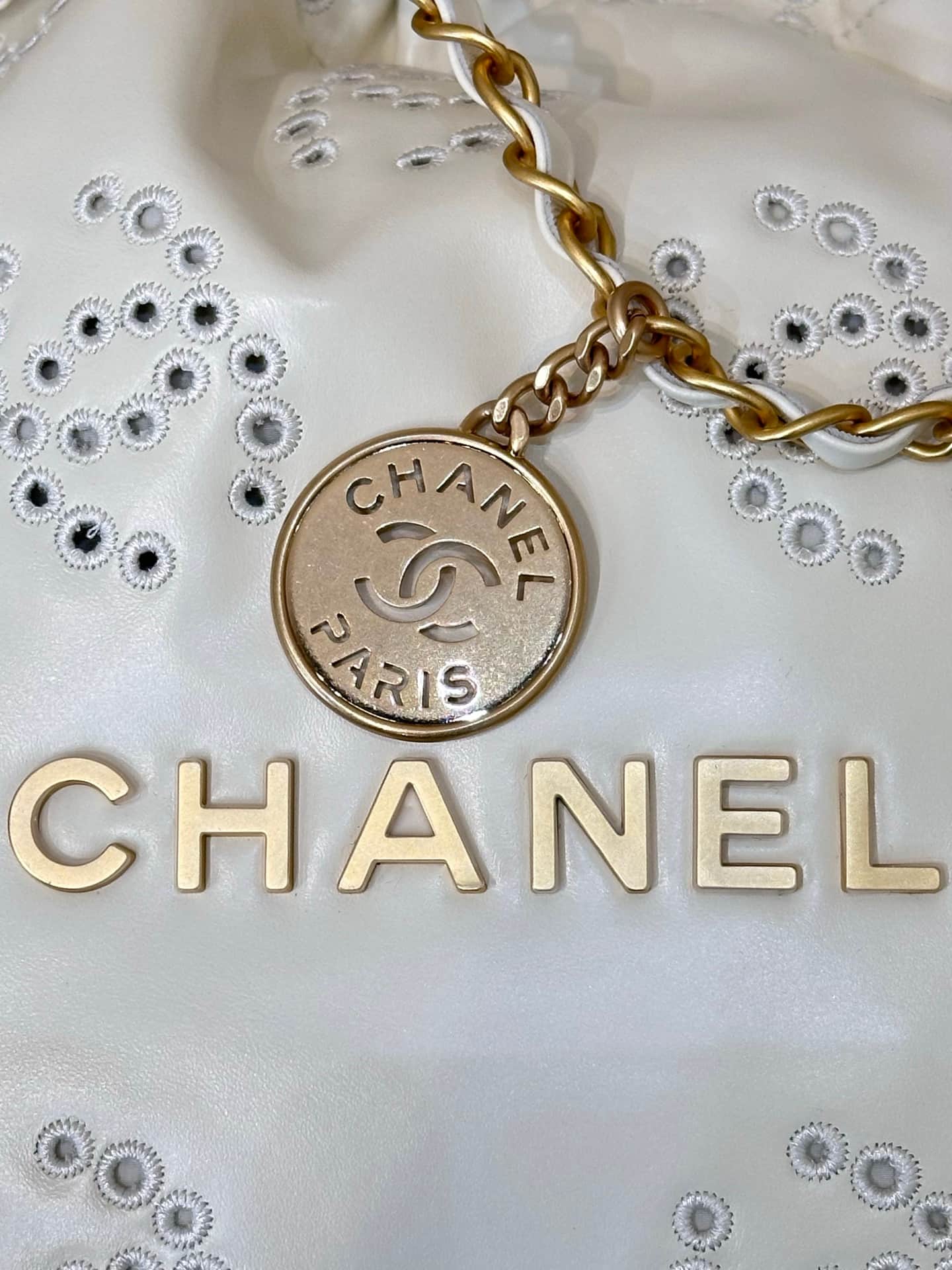 Chanel 22 Small handbag Shiny calfskin & gold-tone metal AS3260 white TOP