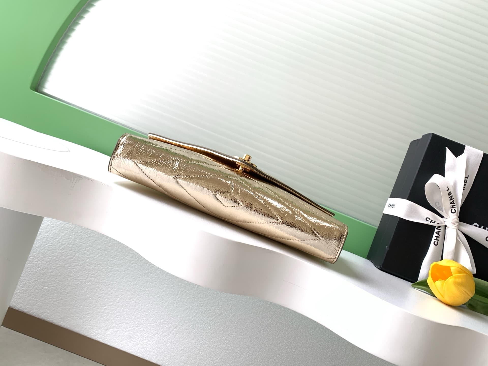 Chanel Flap Bag with Top Handle Metallic Chevron Calfskin Leather Finish& Gold-Tone Metal Champagne Gold AS6044 A