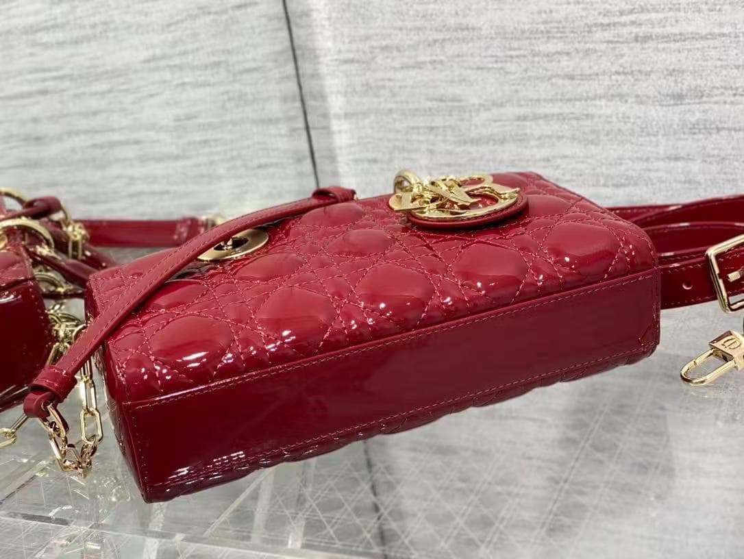 Small Lady D-Joy Bag Cherry Red Patent Cannage Calfskin High