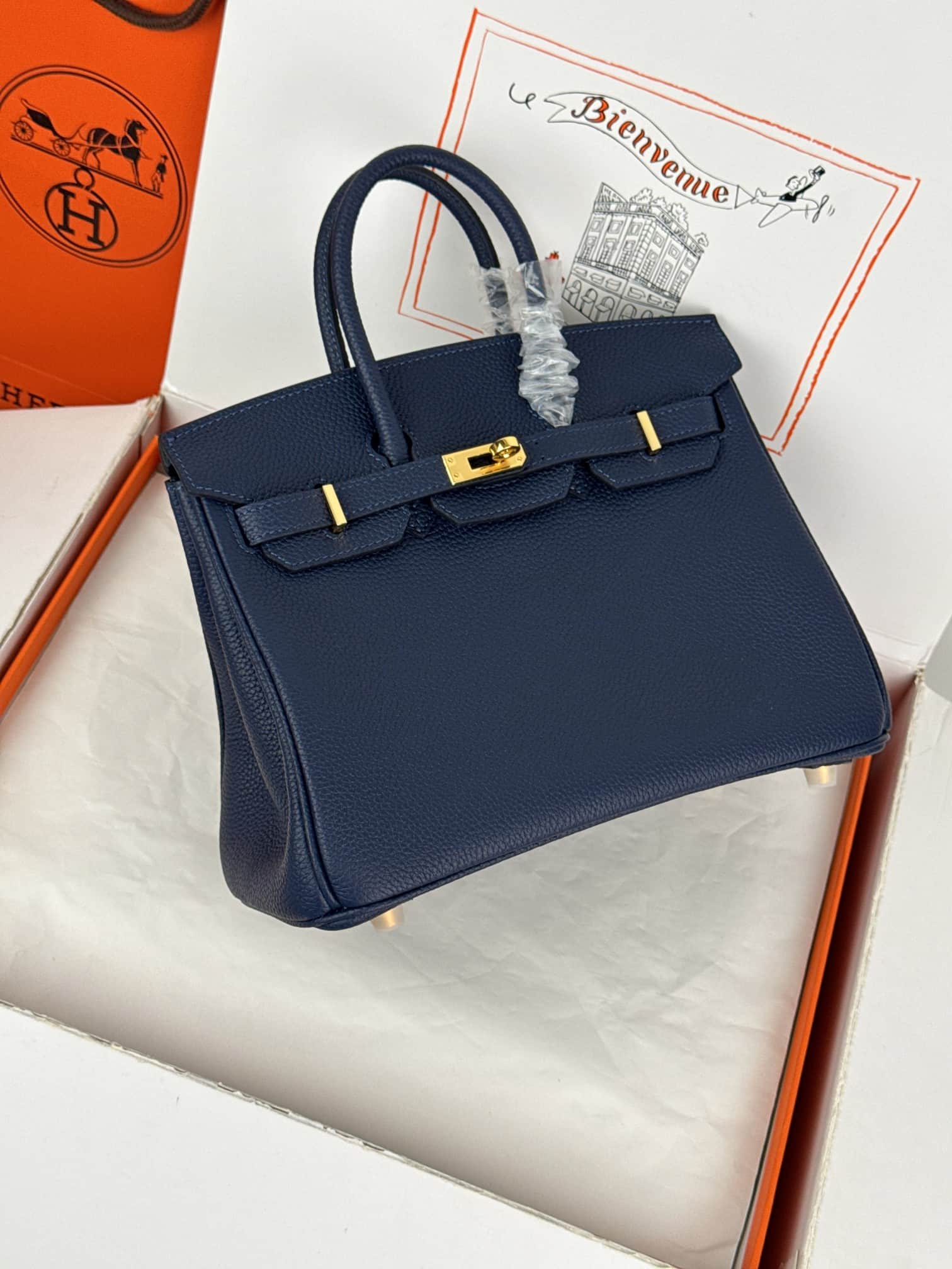 Hermes Birkin 25/30 Bag Togo Calfskin Leather Bleu Obscur High