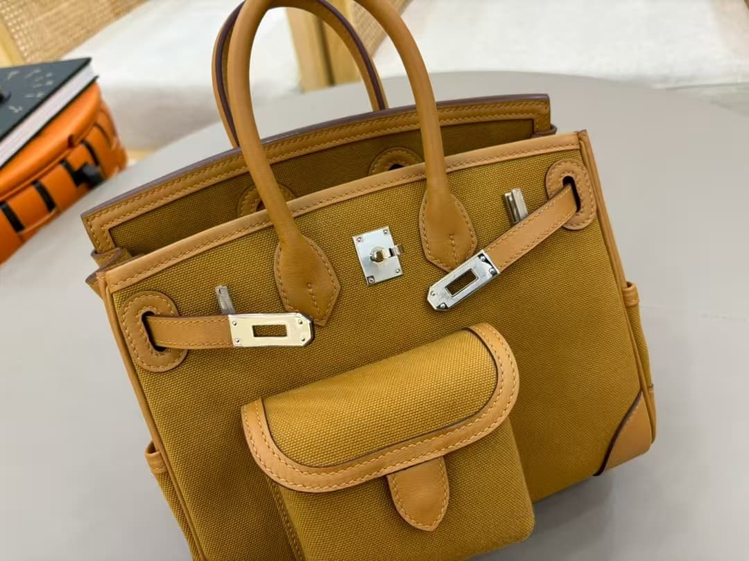 Hermes Birkin Cargo bag 25 Canvas & Swift leather Sesame Silver Metal WAX High