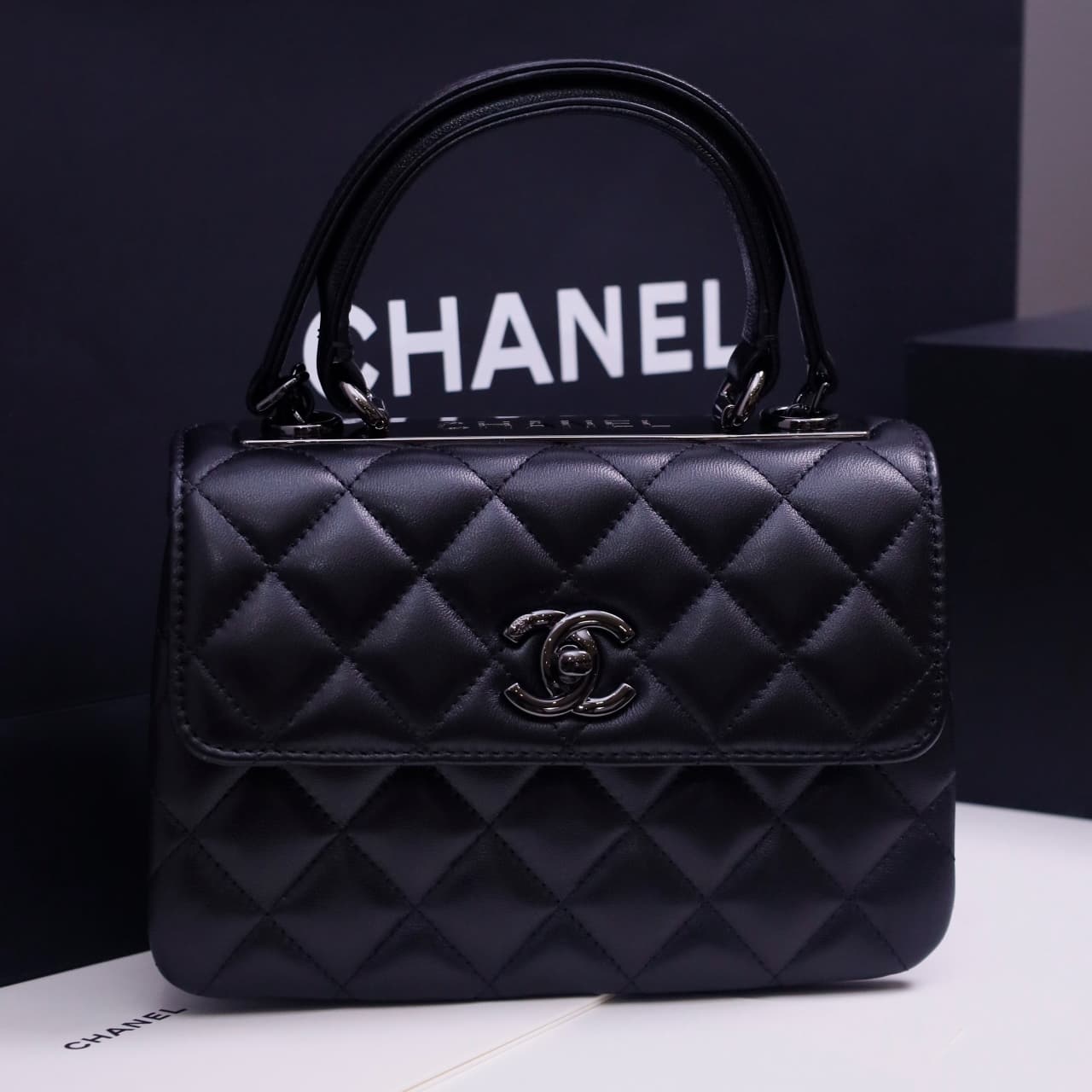 Chanel MINI FLAP BAG WITH TOP HANDLE AS4654 Lambskin &Black-Tone Metal Black A