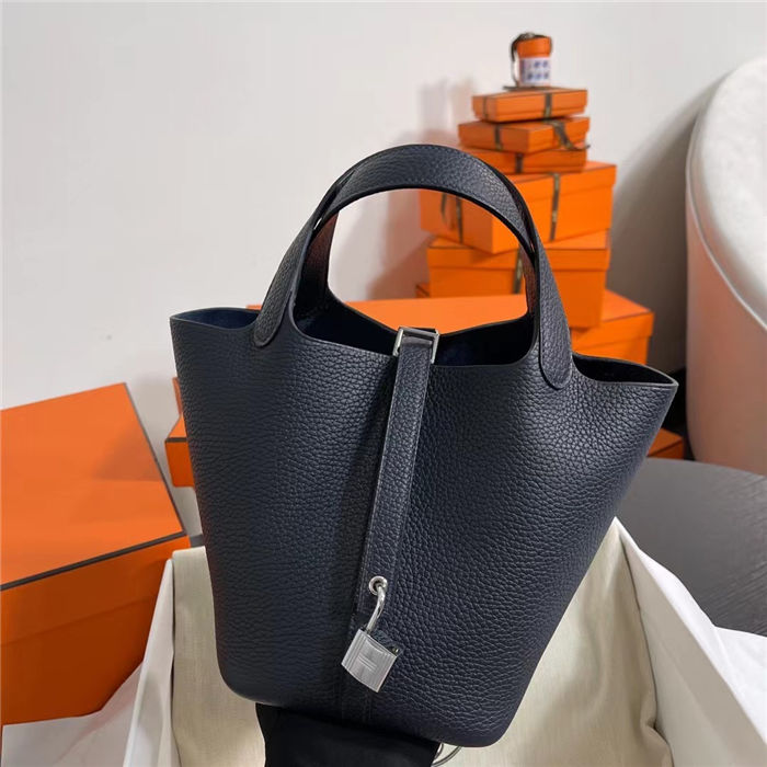 Hermes Picotin Lock 18/22 Bag Togo Leather In Blue Nuit-Silver WAX High