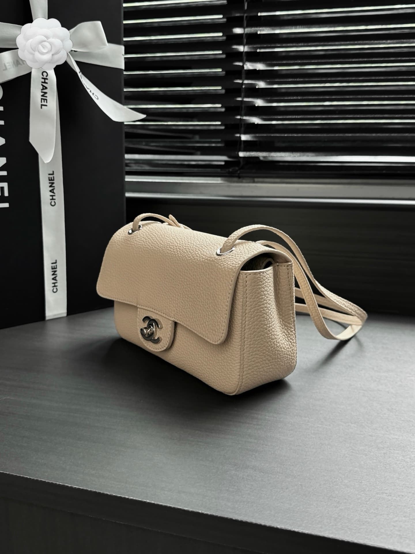 CHANEL Mini flap bag Grained Calfskin&Silver-tone metal Beige AS6573 A