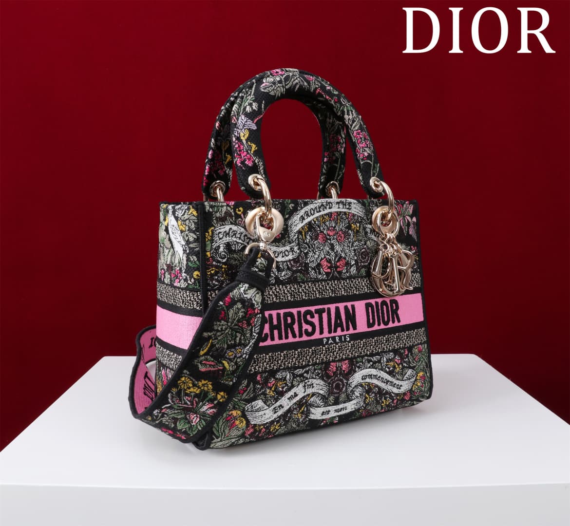 Medium Lady D-Lite Bag Latte Embroidery with Multicolor Dior Around the World Motif High