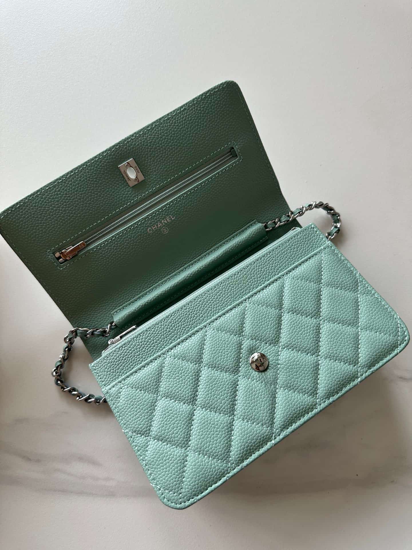 Chanel Classic Wallet on Chain Grained Shiny Calfskin & Silver-Tone Metal AP4241 Light Green High