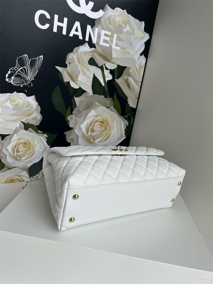 Medium FLAP BAG WITH TOP HANDLE Grained Calfskin White-binding Gold Metal High