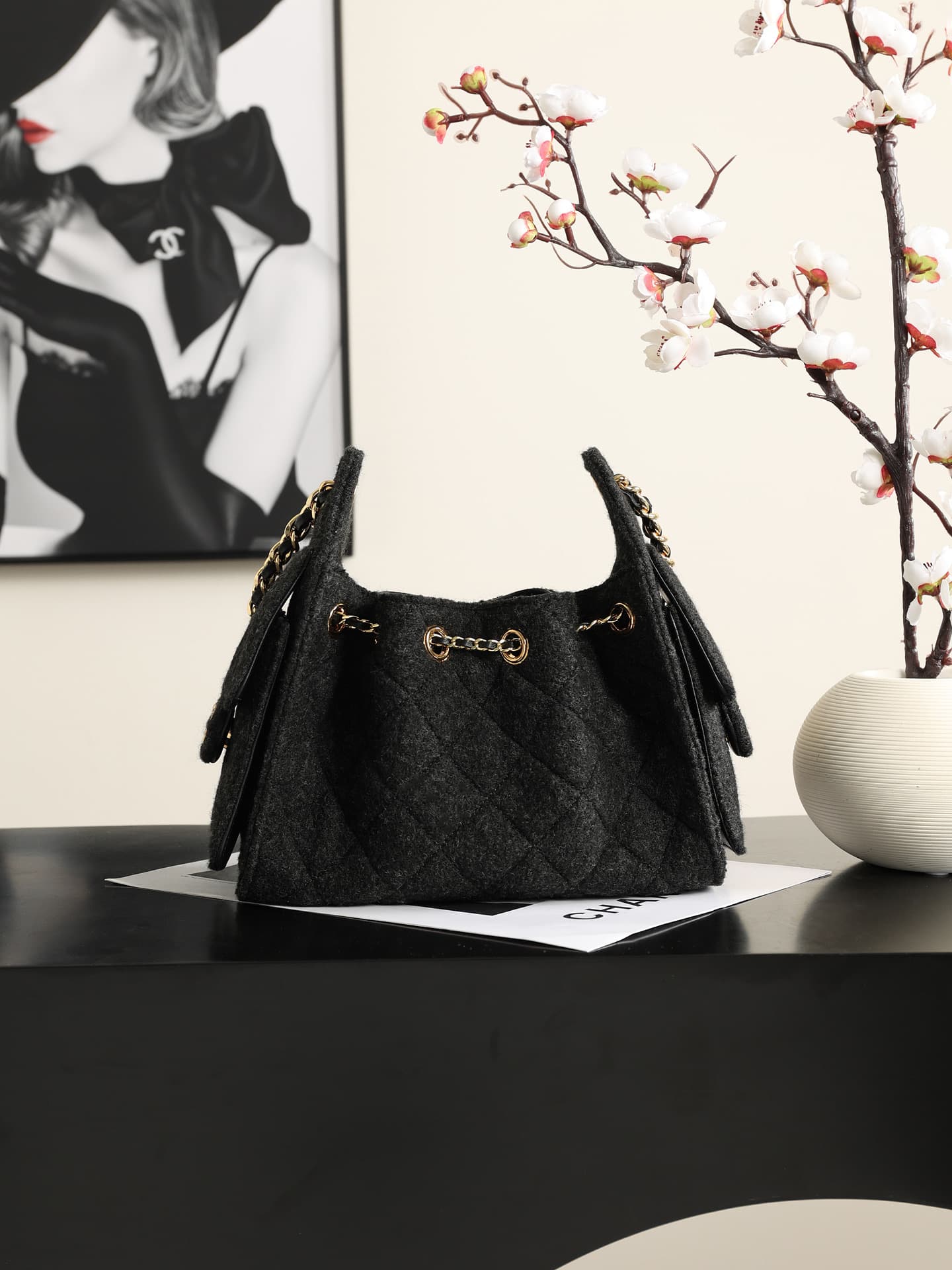 Chanel 25 Mini Hobo handbag AS5631 Felt &Gold-Tone Metal Black A