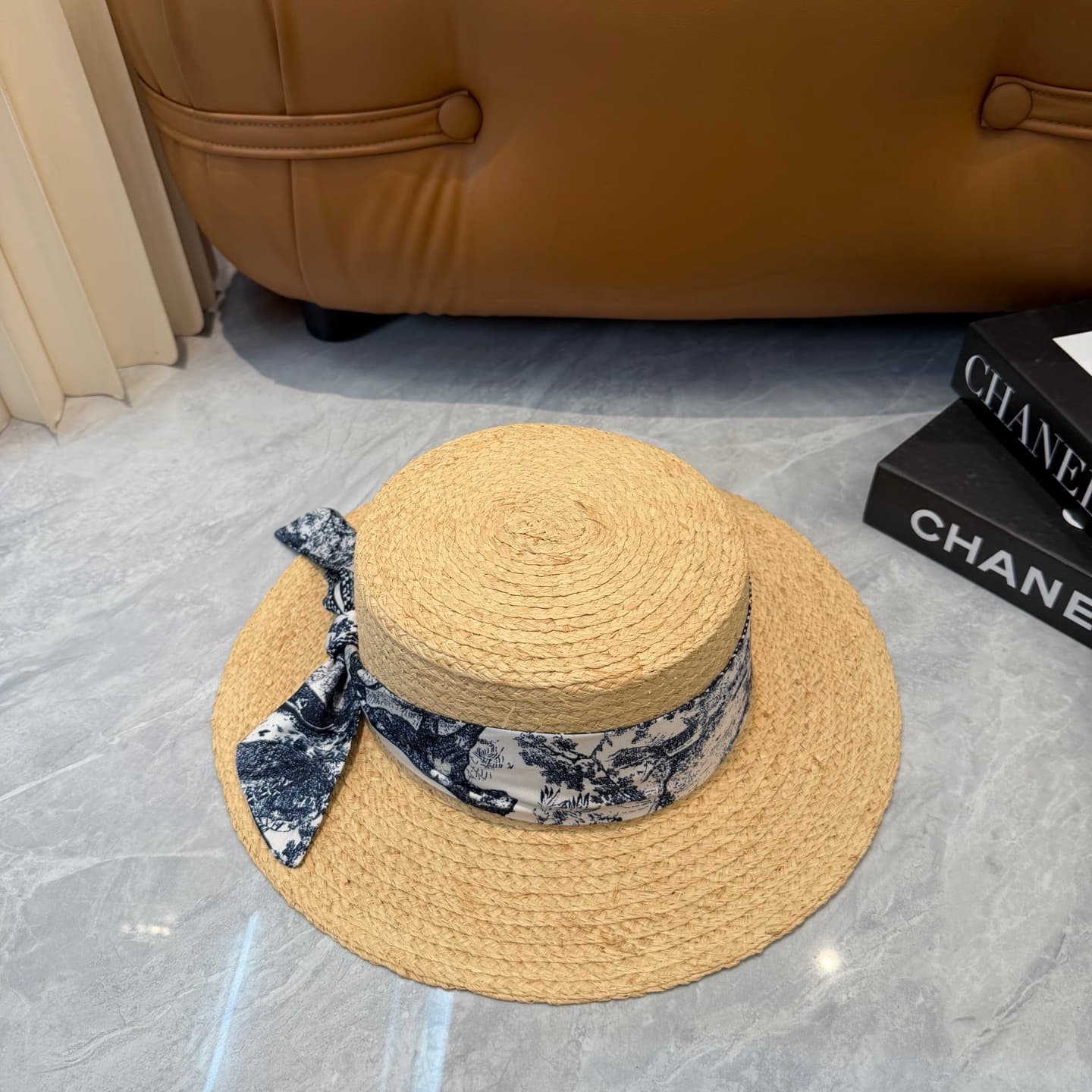 Dior D-Bobby Large Brim Hat Straw with Blue and White
