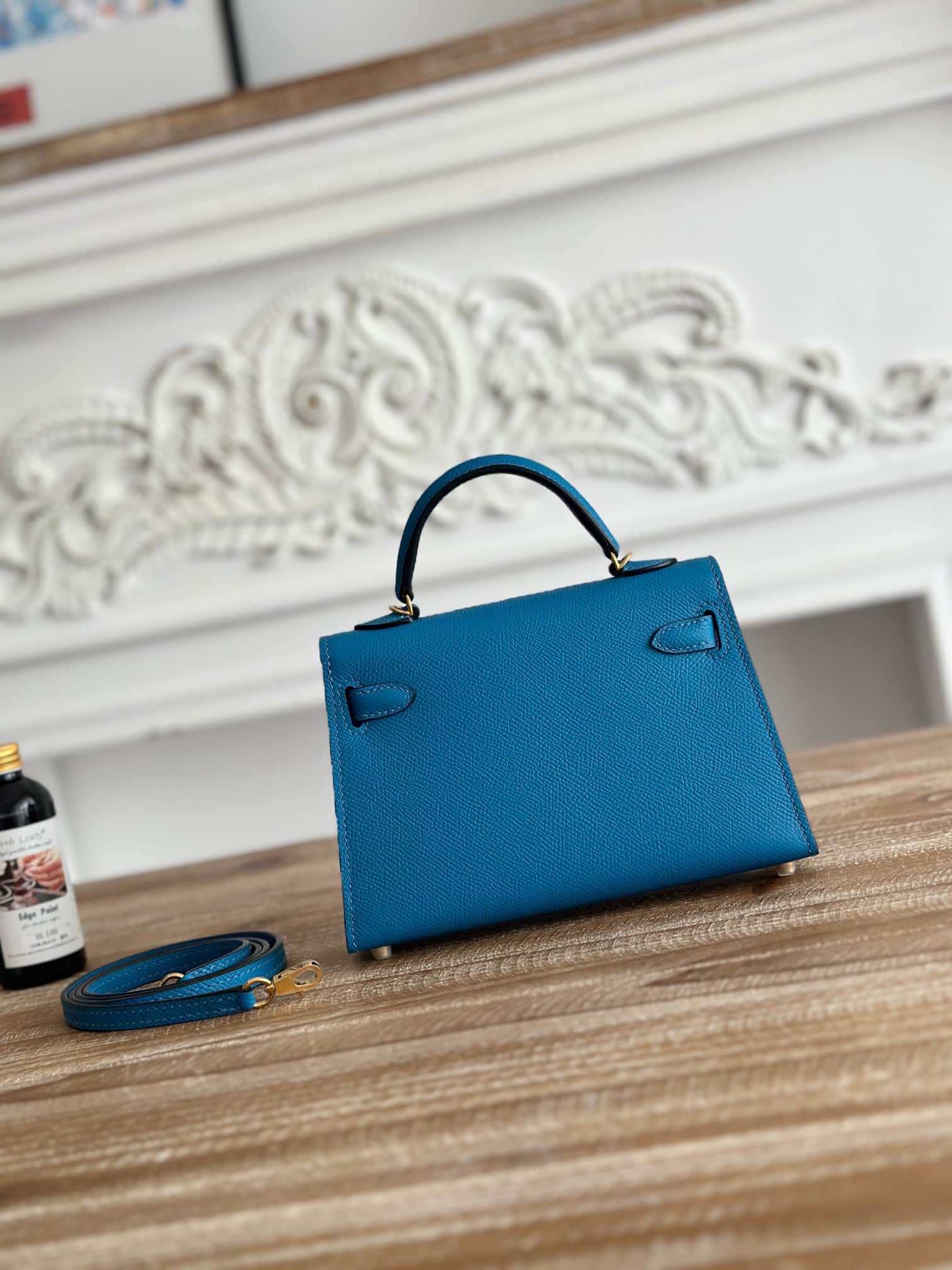 Hermes Kelly Mini II Bag Epsom Leather WAX Bleu Zanzibar High