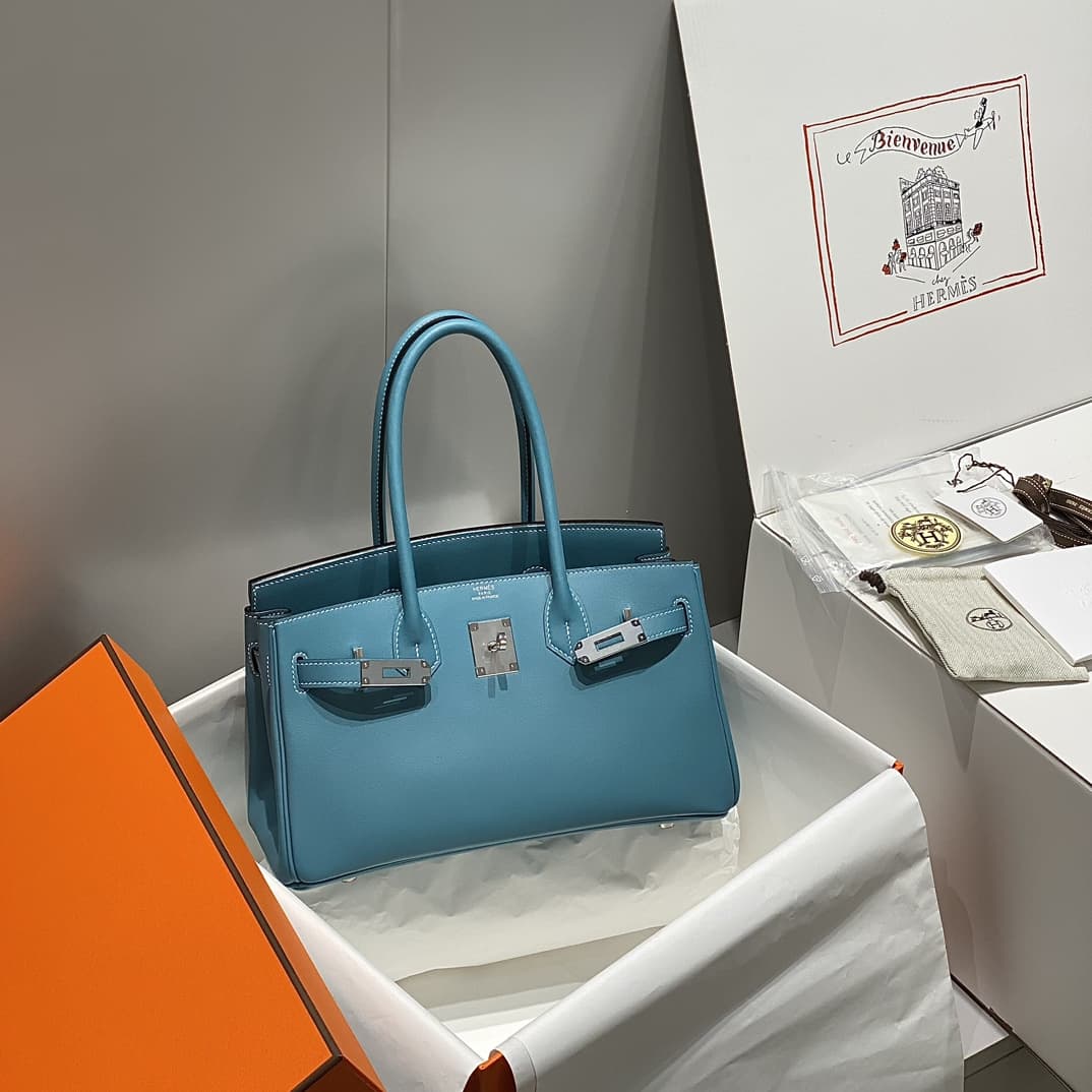 Hermes Shoulder Birkin 29 Swift leather Denim Fonce & Silver Metal WAX High