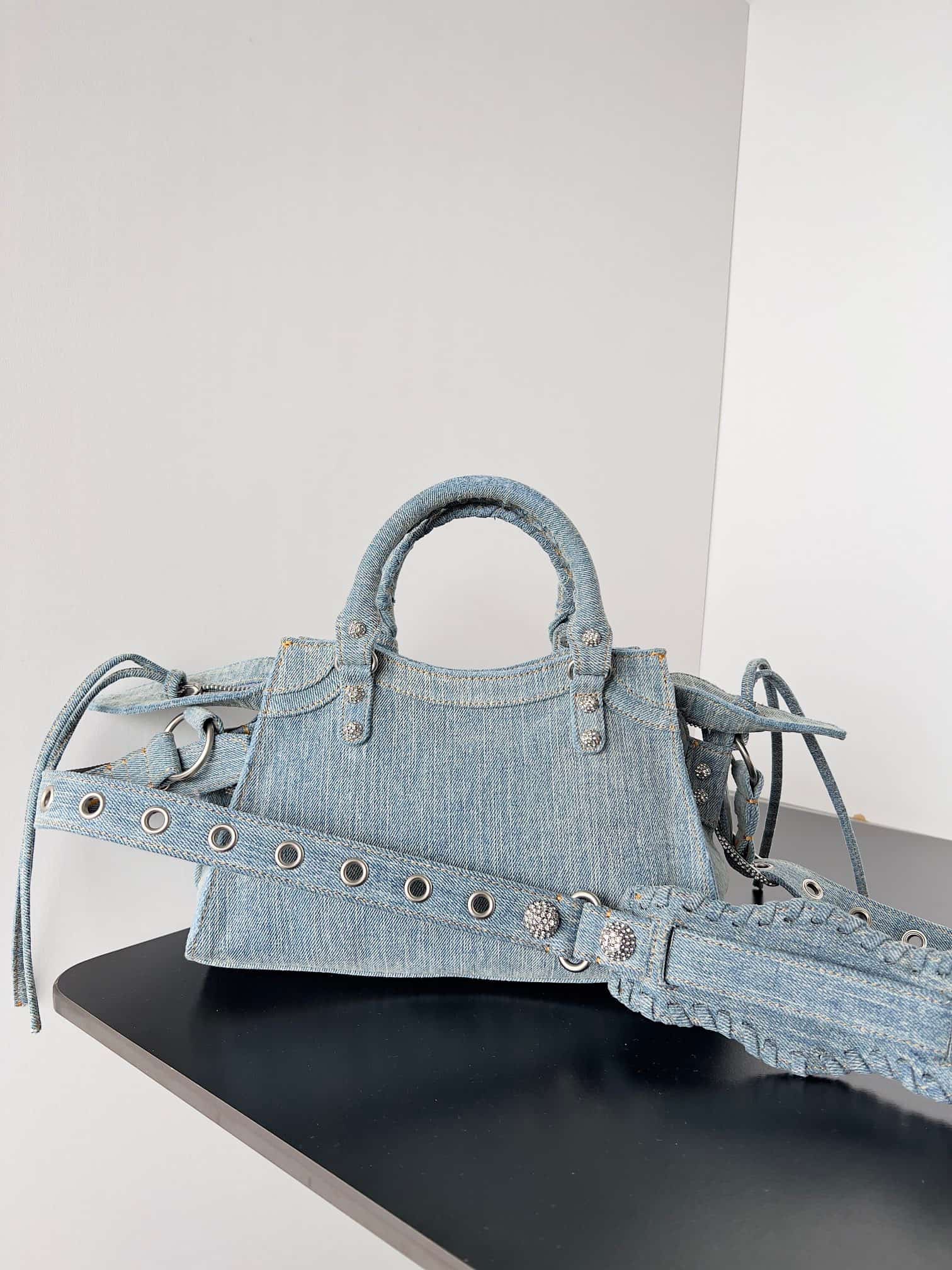 Balenciaga Small Neo Cagole City bag in Washed Frayed Denim with crystal High