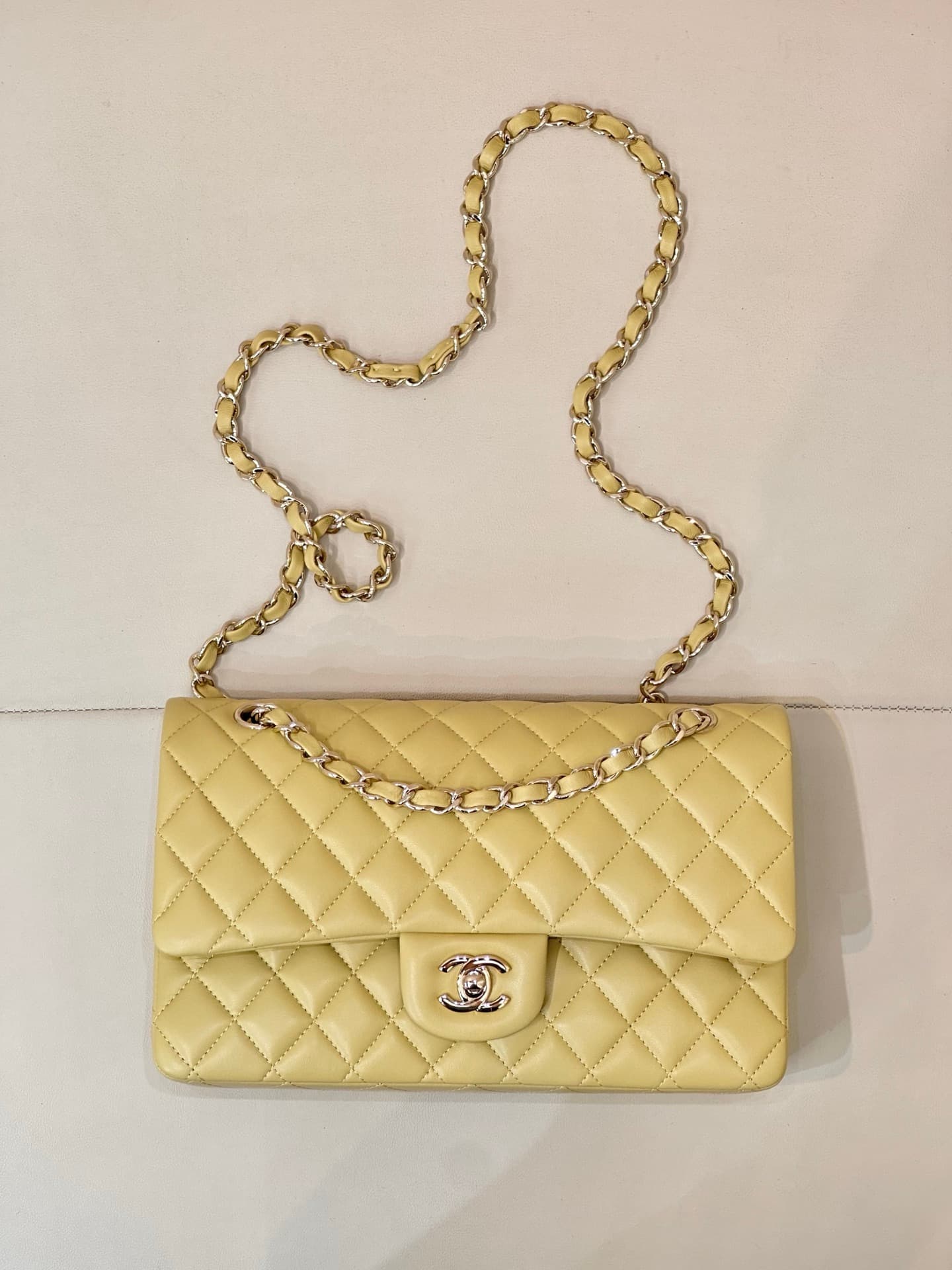 Chanel Medium CLASSIC HANDBAG Lambskin Gold-Tone Metal Yellow TOP