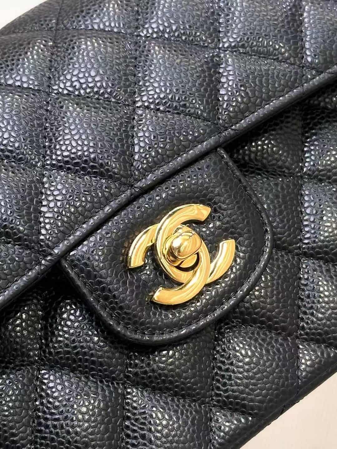 Chanel Small Classic Handbag Grained Calfskin Black Gold Metal TOP