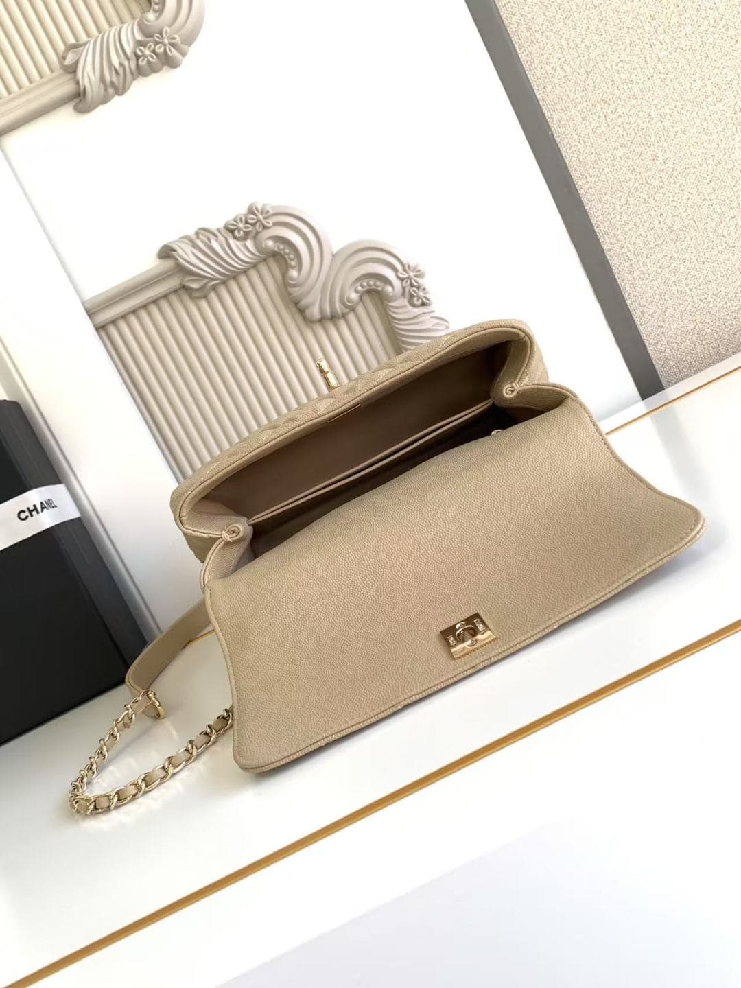 FLAP BAG WITH TOP HANDLE Grained Calfskin & Gold-Tone Metal A92990 Champagne Binding A