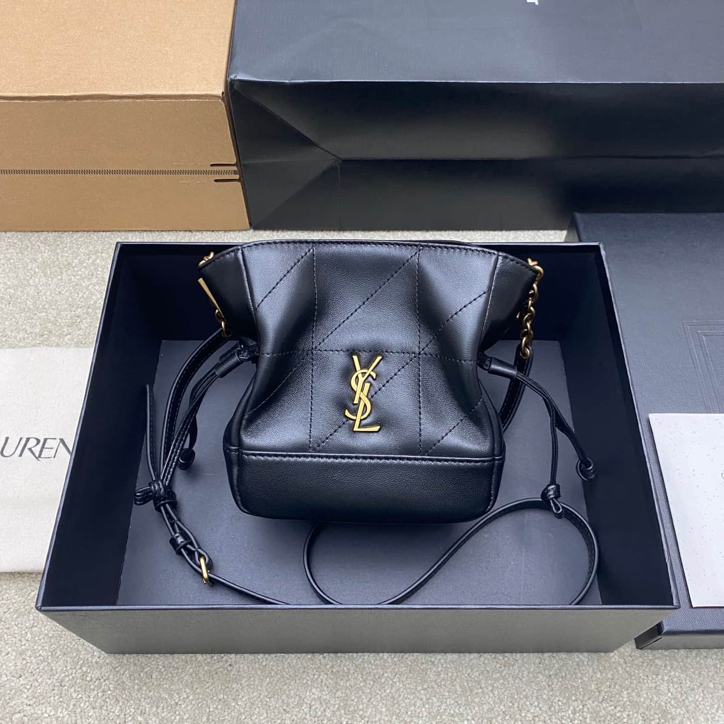 Saint Laurent Jamie Mini Leather Bucket Bag Black Lambskin 859174 High
