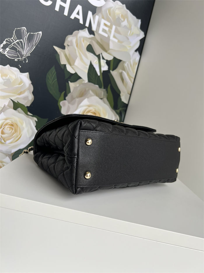 Medium FLAP BAG WITH TOP HANDLE Grained Calfskin Black-binding Gold Metal High