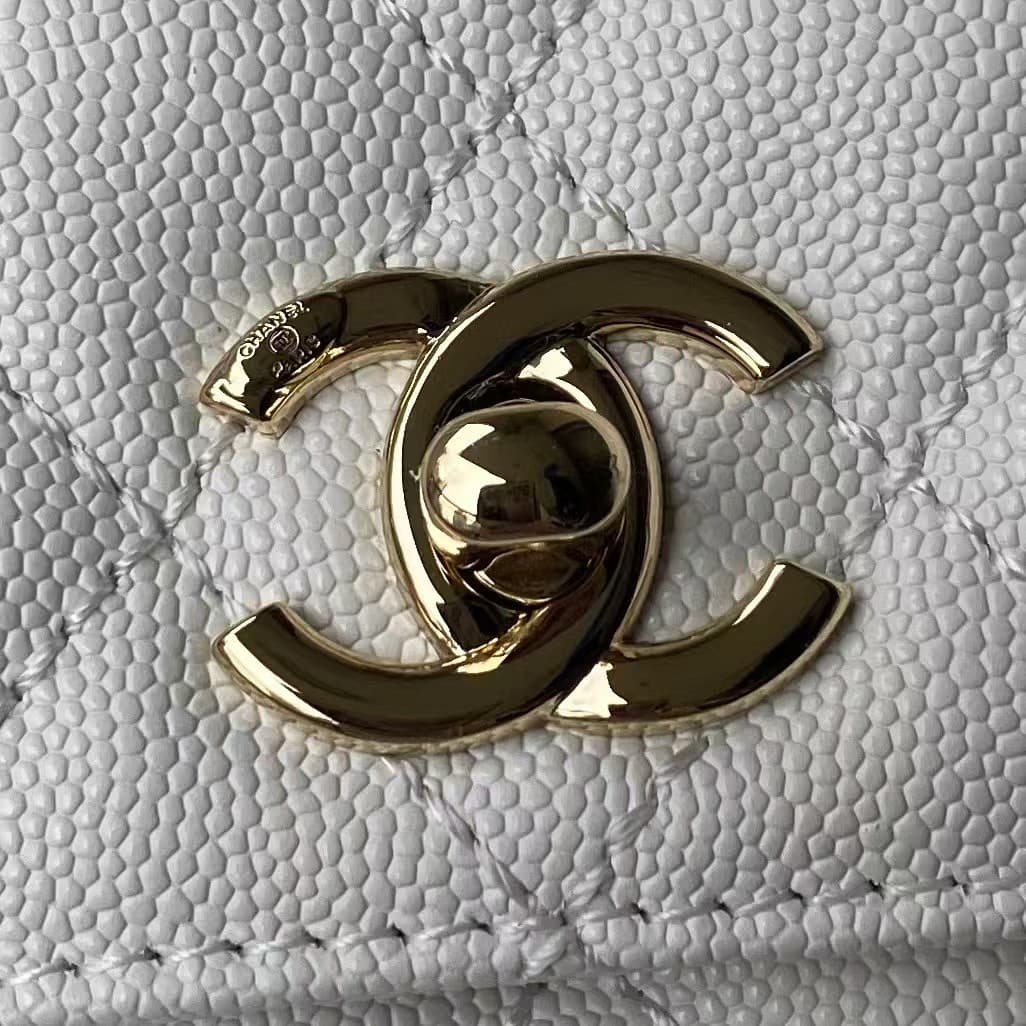 FLAP BAG WITH TOP HANDLE Grained Calfskin & Gold-Tone Metal A92990 White A