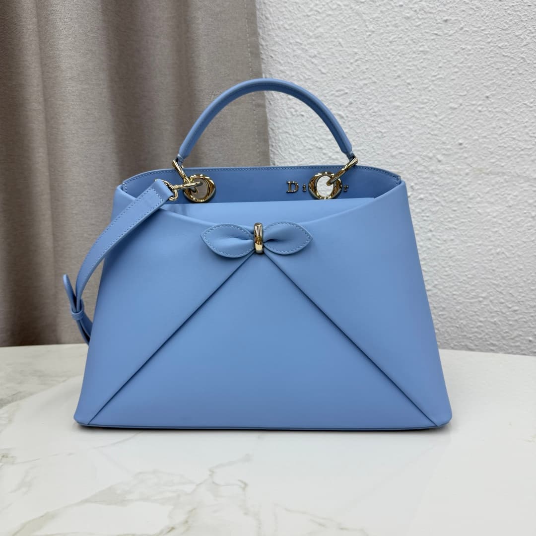 Large Dior Cigale Bag Light Blue Shiny Supple Calfskin High