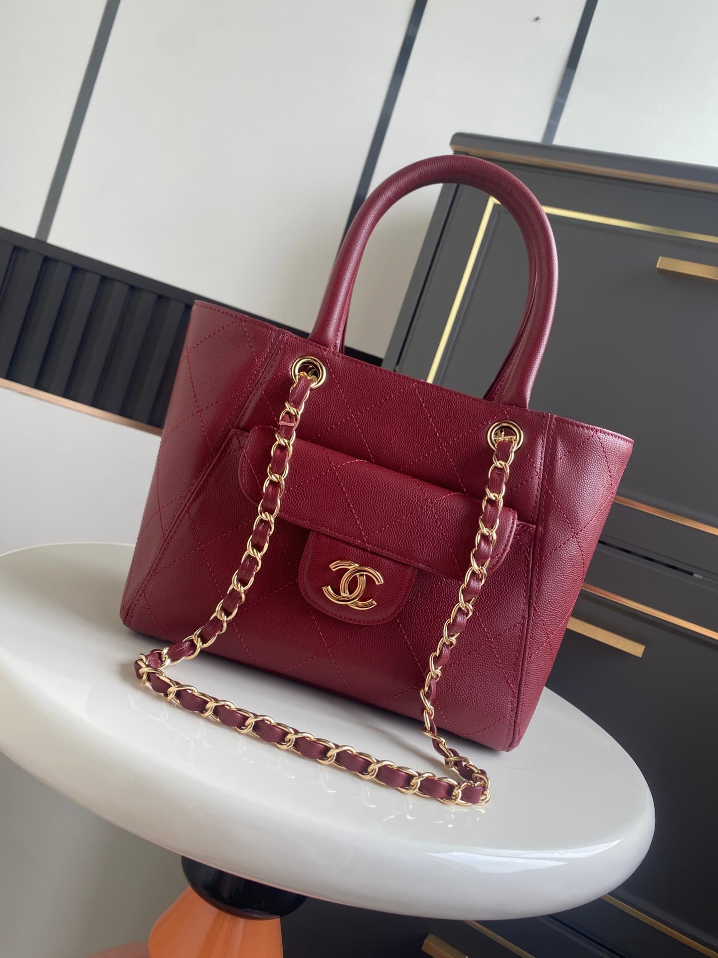 Chanel Tote Bag Grained Calfskin&Gold-Tone Metal Claret AS6025 High