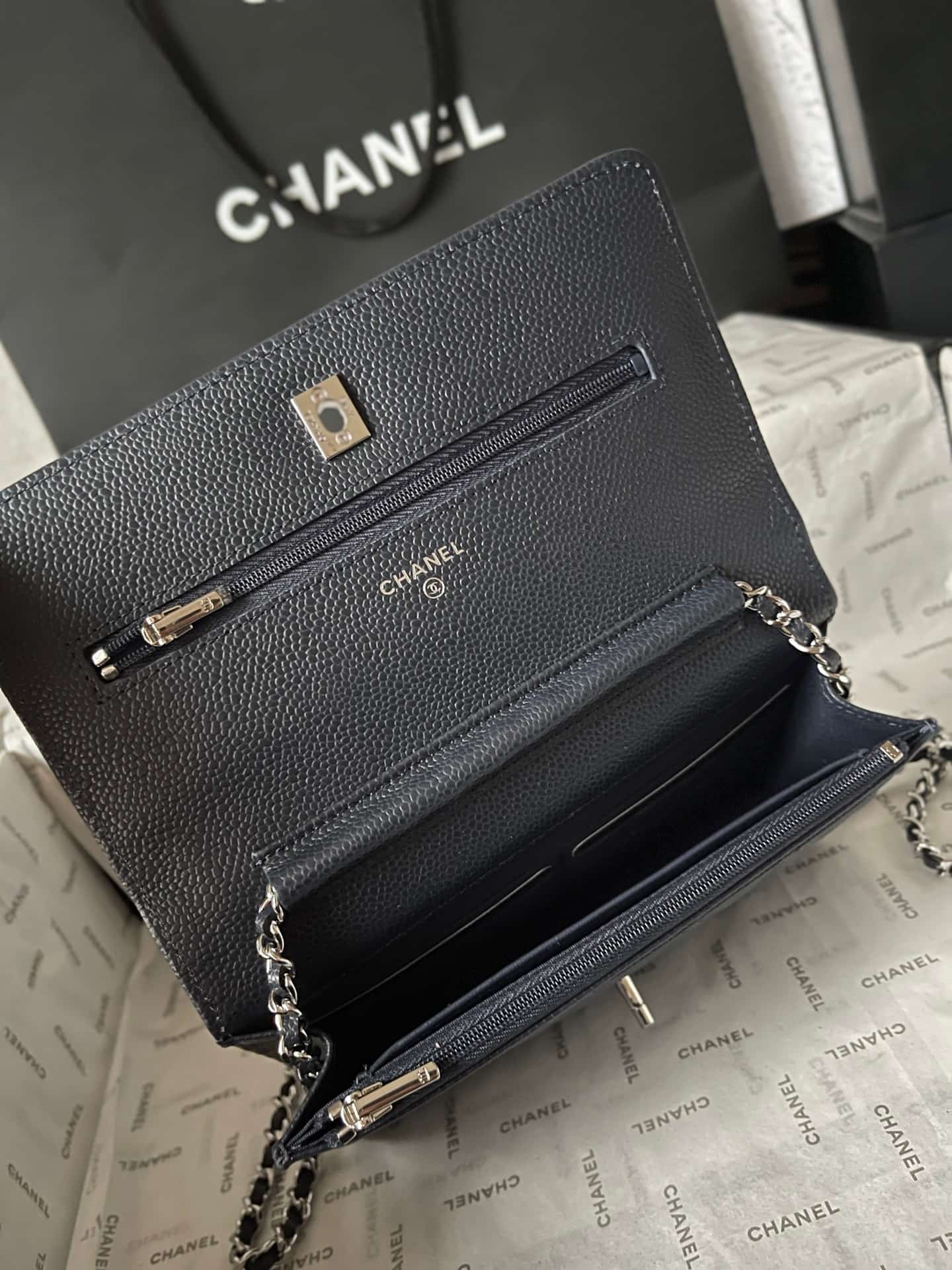 Chanel Classic Wallet on Chain Grained Shiny Calfskin & Silver-Tone Metal AP4241 Dark Blue A