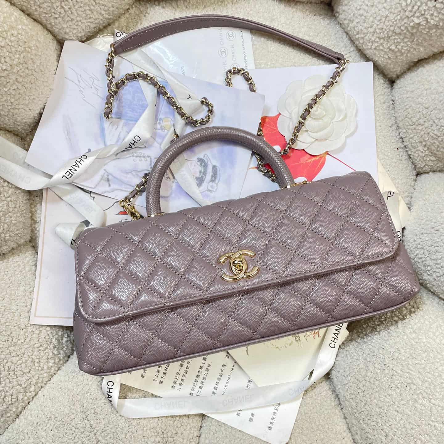 Chanel Maxi Flap Bag with Top Handle Grained Calfskin& Gold-Tone Metal AS6091 Grey A