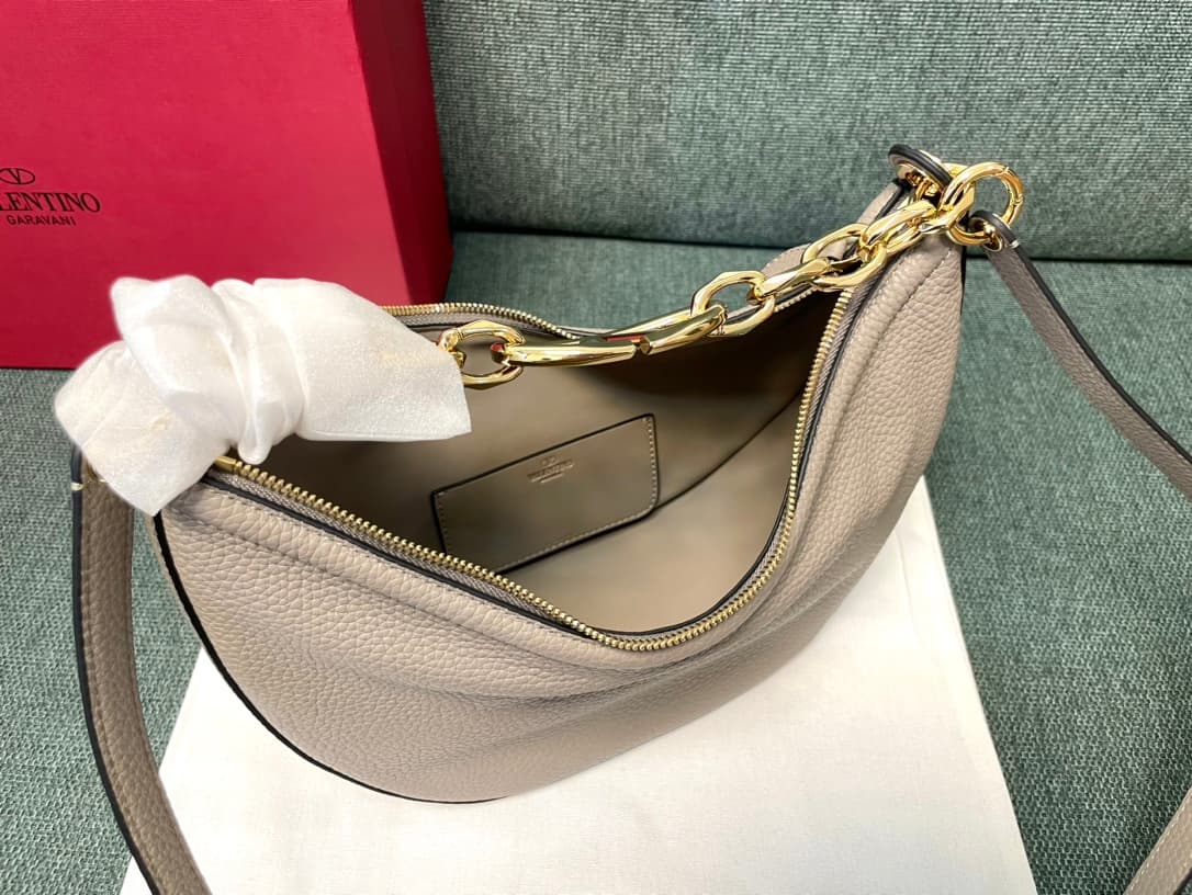 Valentino Garavani VLogo Moon small hobo bag in grey grained calfskin High