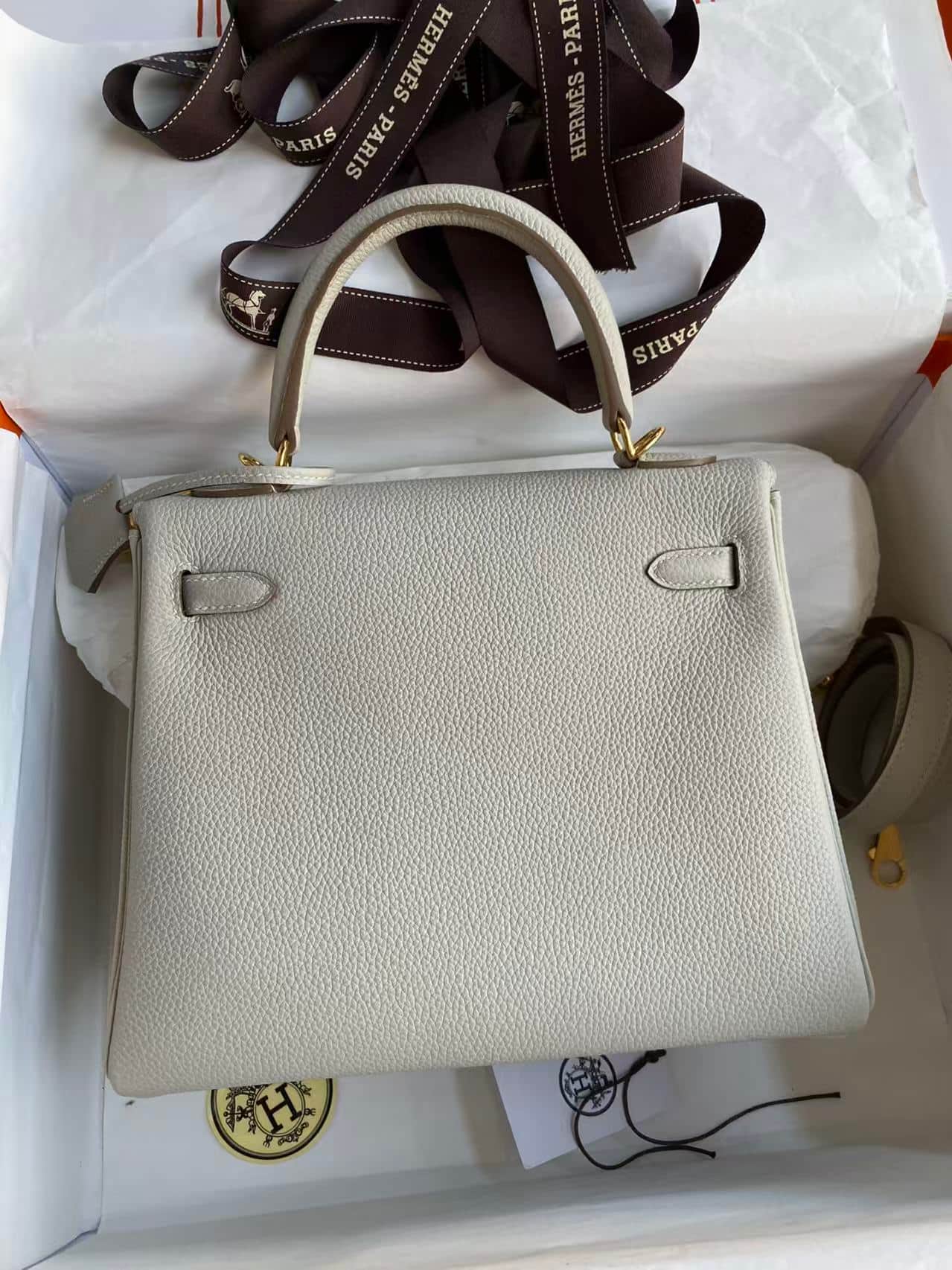 Hermes Kelly 25/28cm Bag In Pearl Gray WAX High