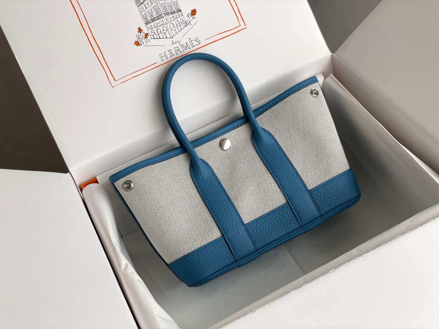Hermes Garden Party 23 bag in Blue Zanzibar Togo Leather With Canvas WAX High