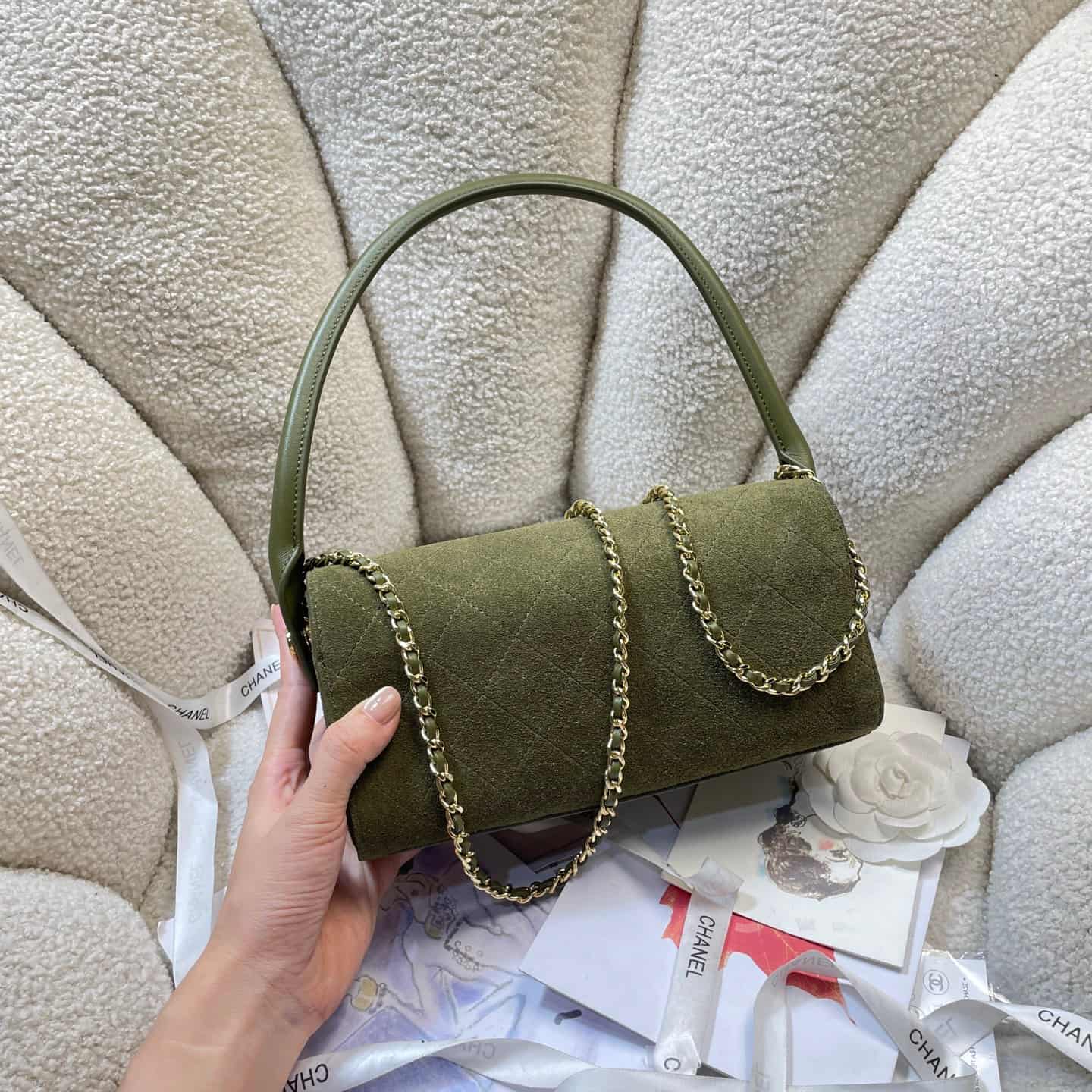 Chanel Clutch with Chain Suede & Gold-Tone Metal AP5294 Khaki Green AP5294 A