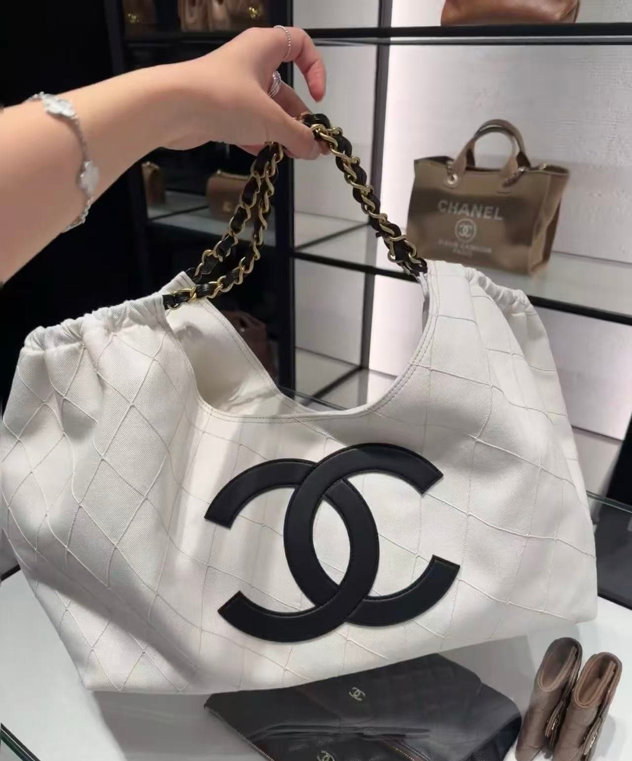 Chanel Coco Beach Small Shopping Bag Denim Calfskin & Gold-Tone Metal White & Black AS6191 A