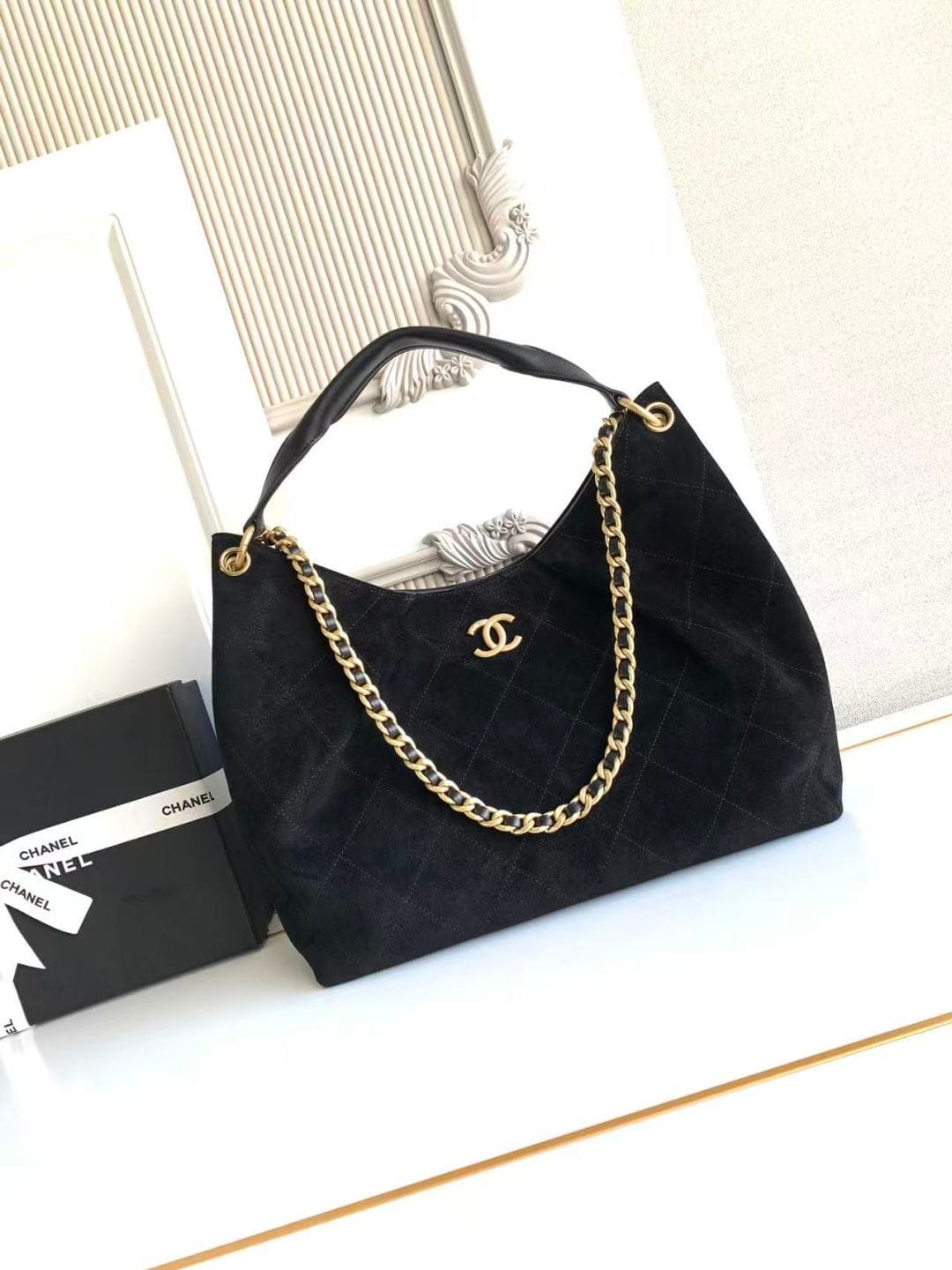 Chanel Hobo Bag Suede Calfskin& Gold-Tone Metal AS5978 Black A