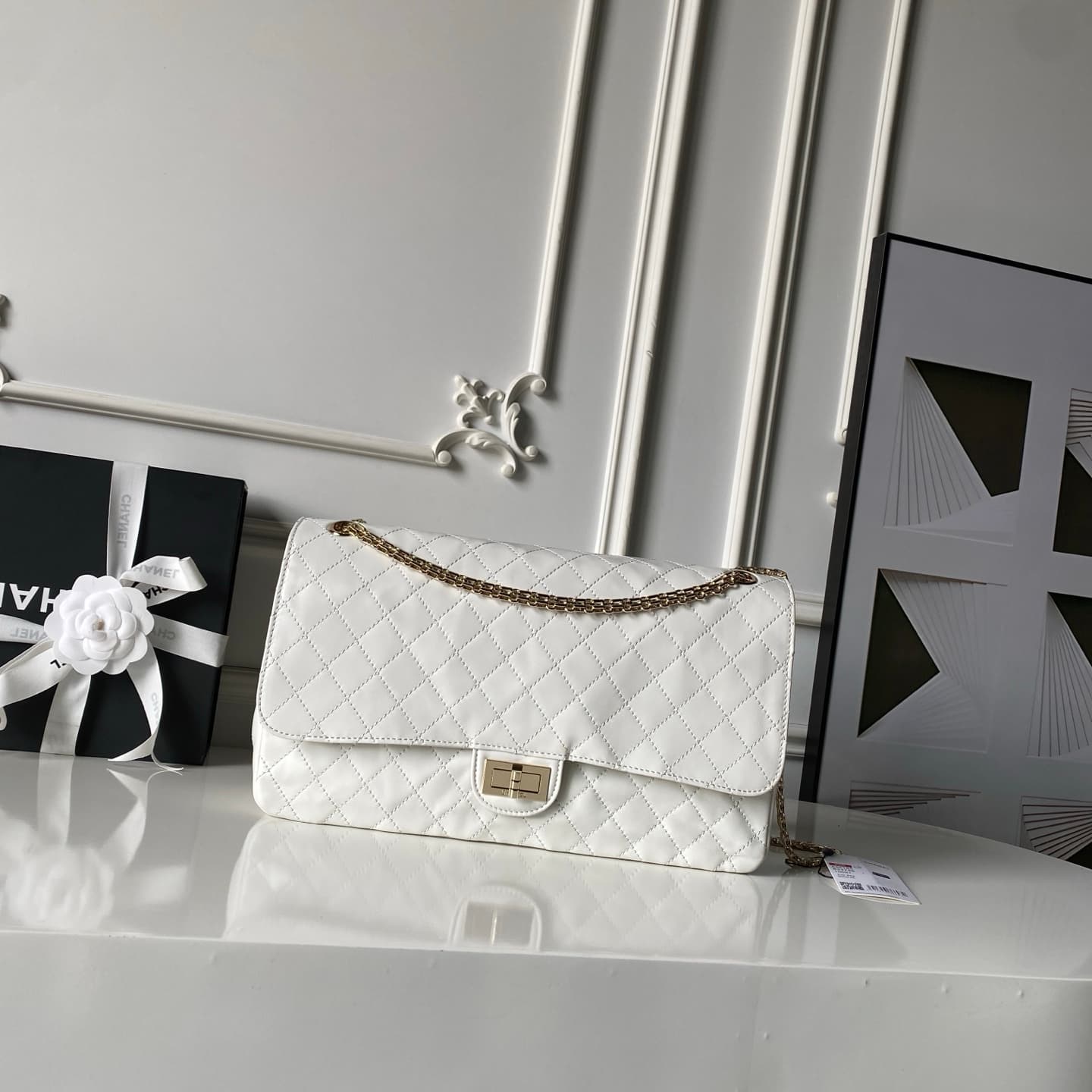 CHANEL Large 2.55 Handbag Aged Calfskin & Gold-Tone Metal White & Burgundy A37587 A