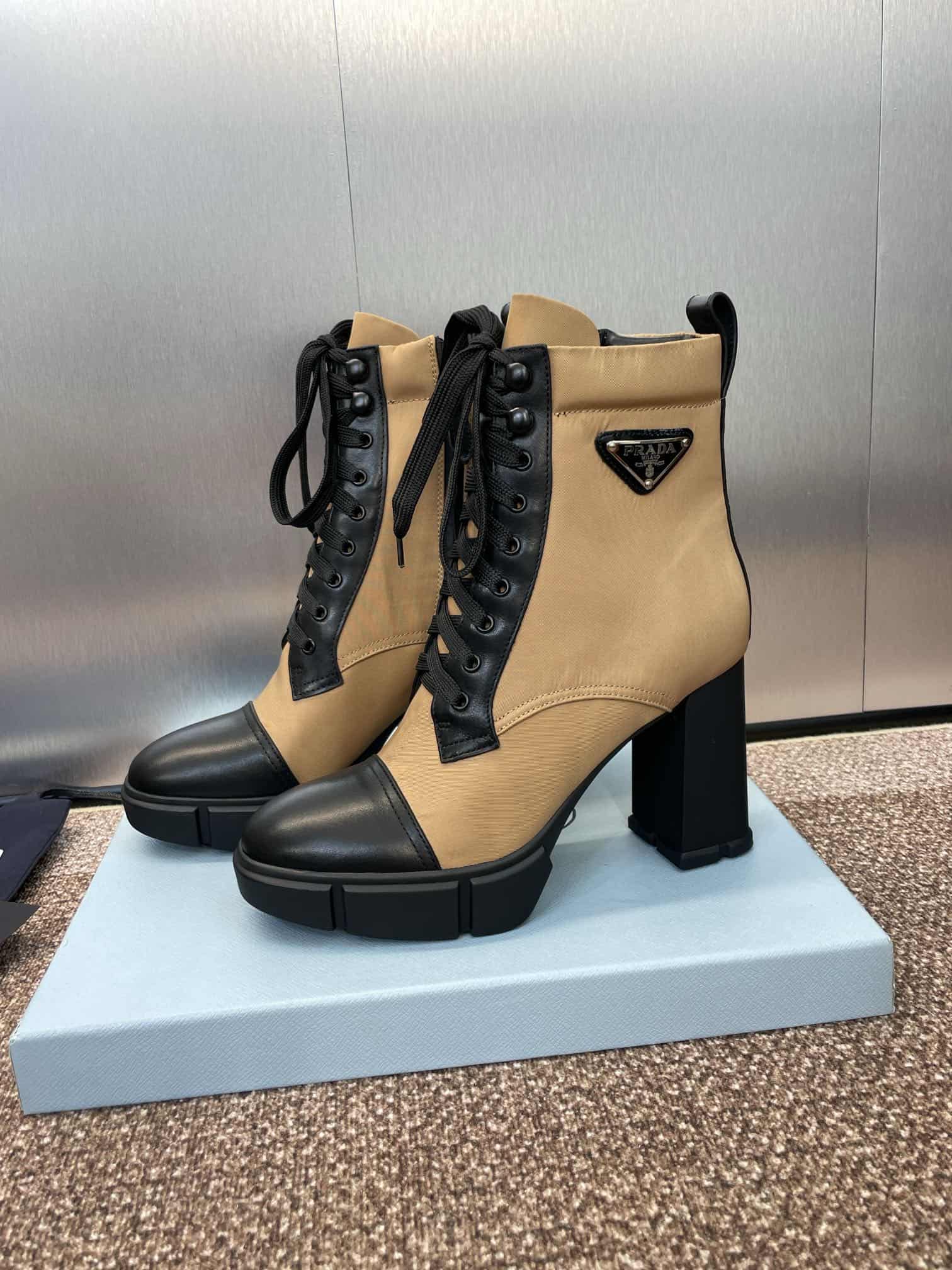 Prada Enameled Metal Triangle Nylon Combat Boots Shoes High Women