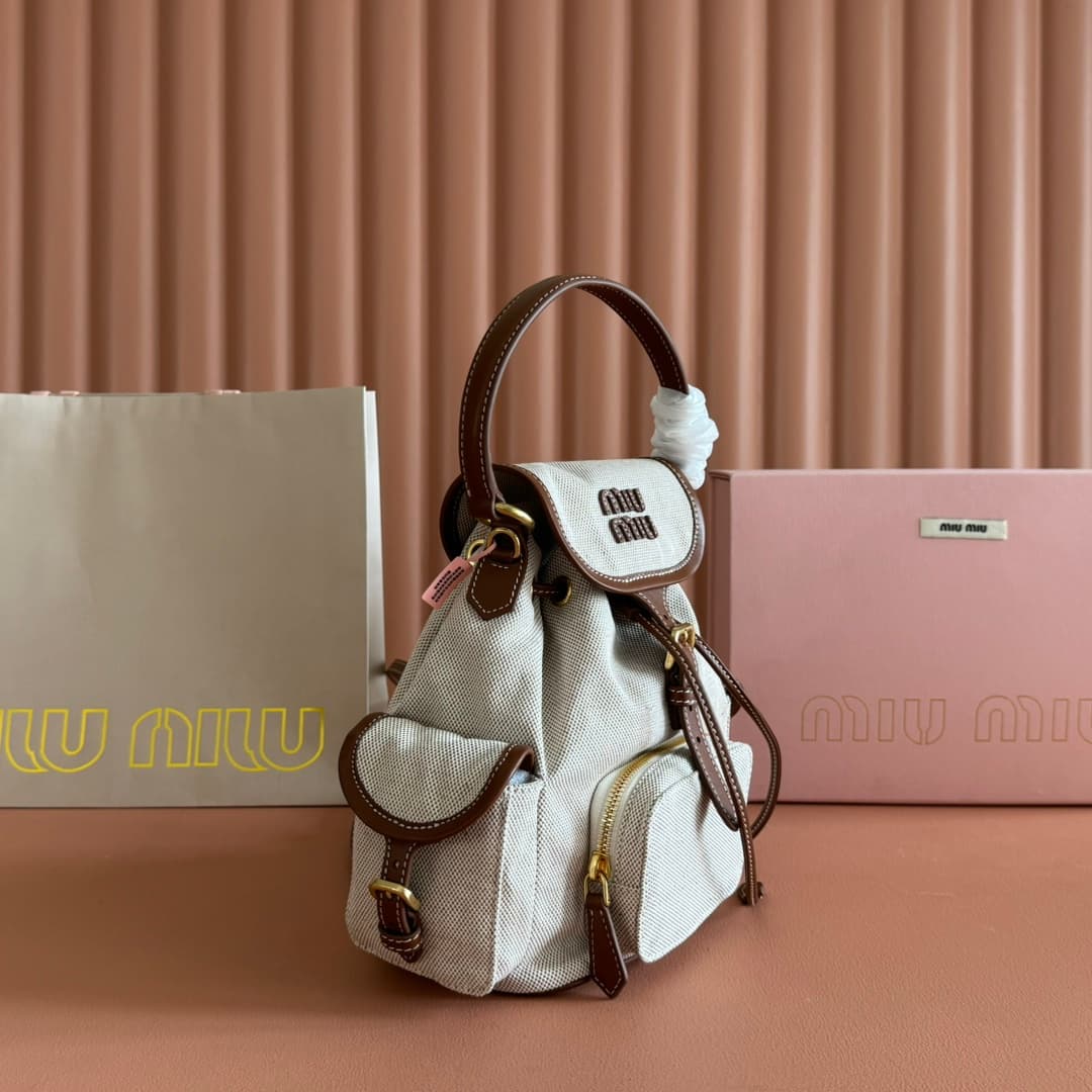 Miu Miu Cornflower Cord Beige/brandy Denim Backpack 5bz043 TOP