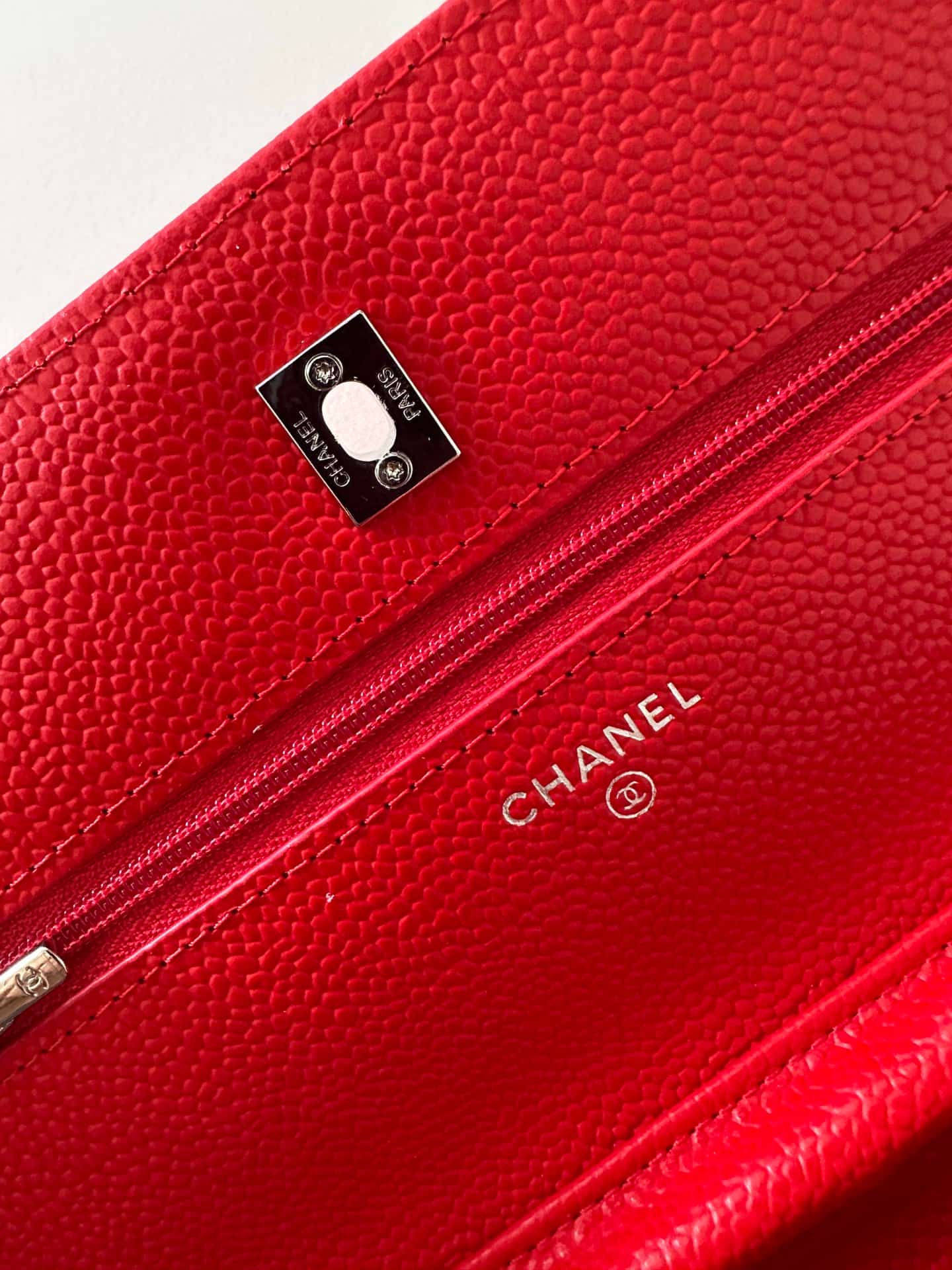 Chanel Classic Wallet on Chain Grained Shiny Calfskin & Silver-Tone Metal AP4241 Red High